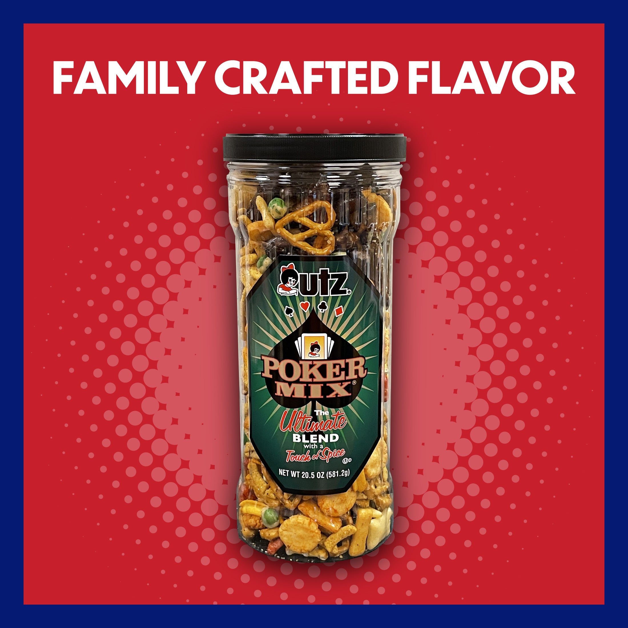 Utz Poker Mix snack container on a red background with 'Family Crafted Flavor' text.