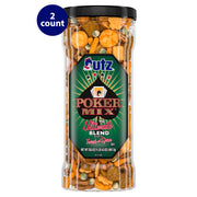 A tall, clear container of Utz Poker Mix with a black lid. The label features a casino theme with playing card symbols and reads "Poker Mix: The Ultimate Blend with a Touch of Spice." The container holds 20.5 oz (1 lb 4.5 oz) or 581.2g of a spicy snack mix, including pretzels, crackers, and nuts. A "2 count" label is visible in the top left corner.
