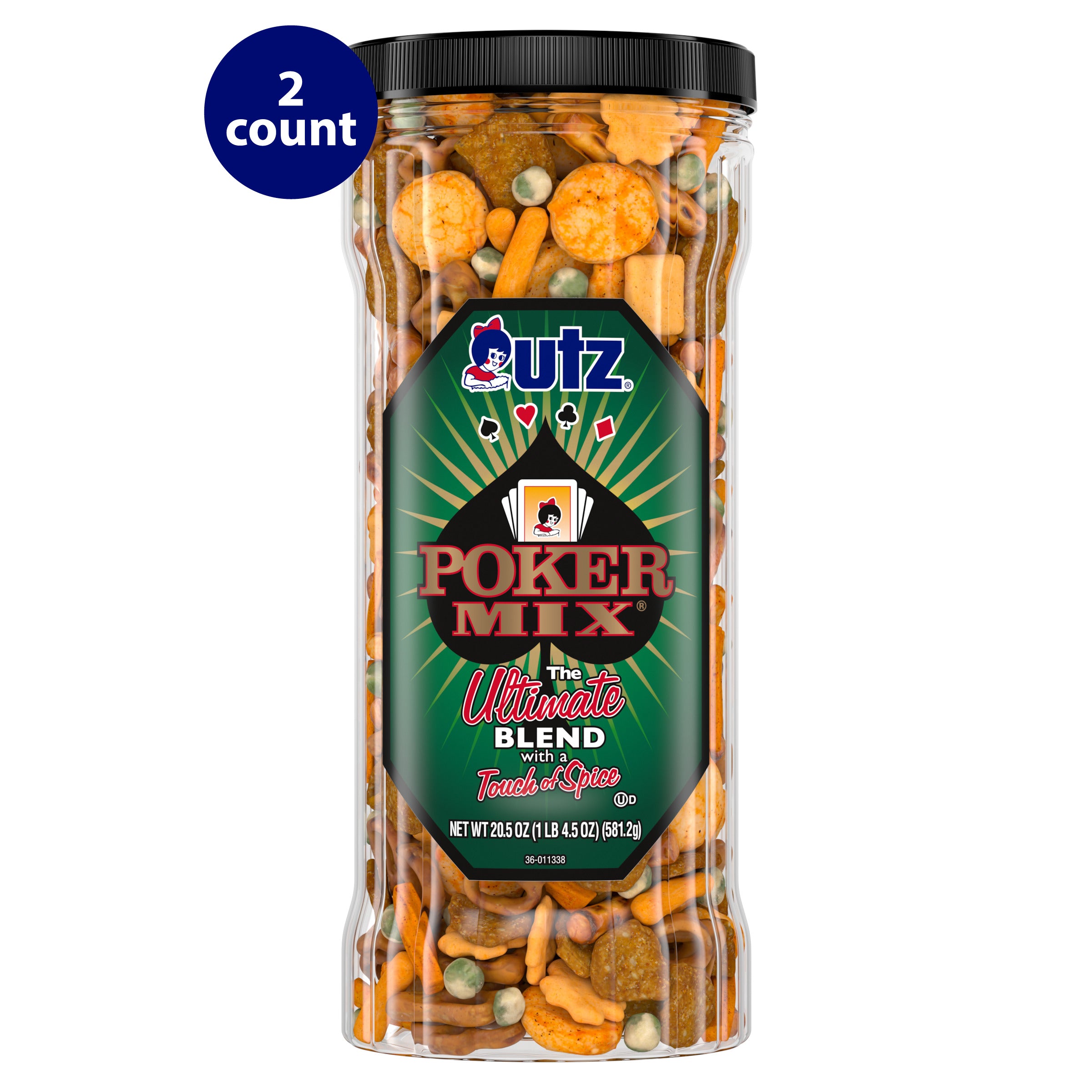 A tall, clear container of Utz Poker Mix with a black lid. The label features a casino theme with playing card symbols and reads "Poker Mix: The Ultimate Blend with a Touch of Spice." The container holds 20.5 oz (1 lb 4.5 oz) or 581.2g of a spicy snack mix, including pretzels, crackers, and nuts. A "2 count" label is visible in the top left corner.