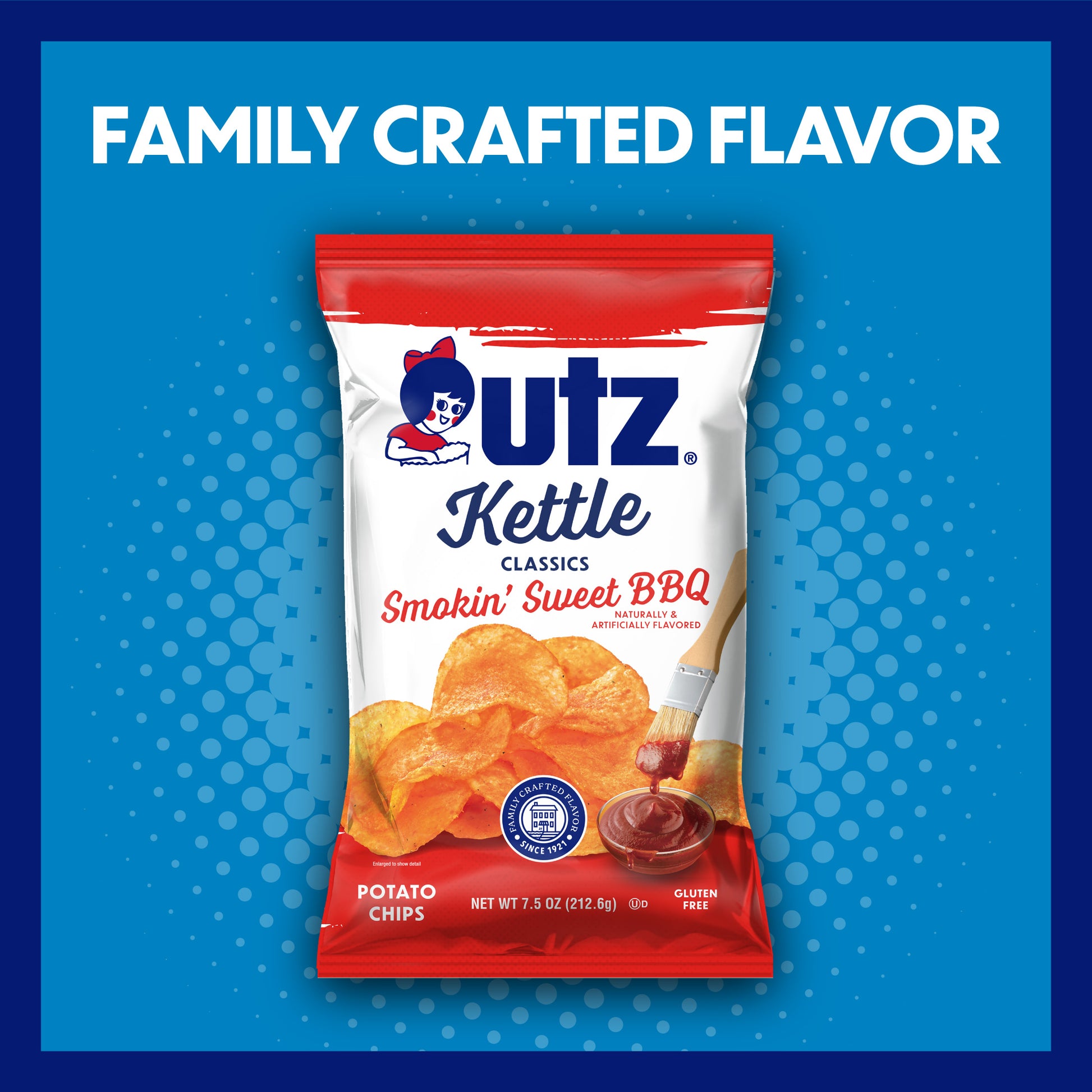 Utz Kettle Classics Smokin' Sweet BBQ potato chips packaging on a blue background with text 'Family Crafted Flavor'.
