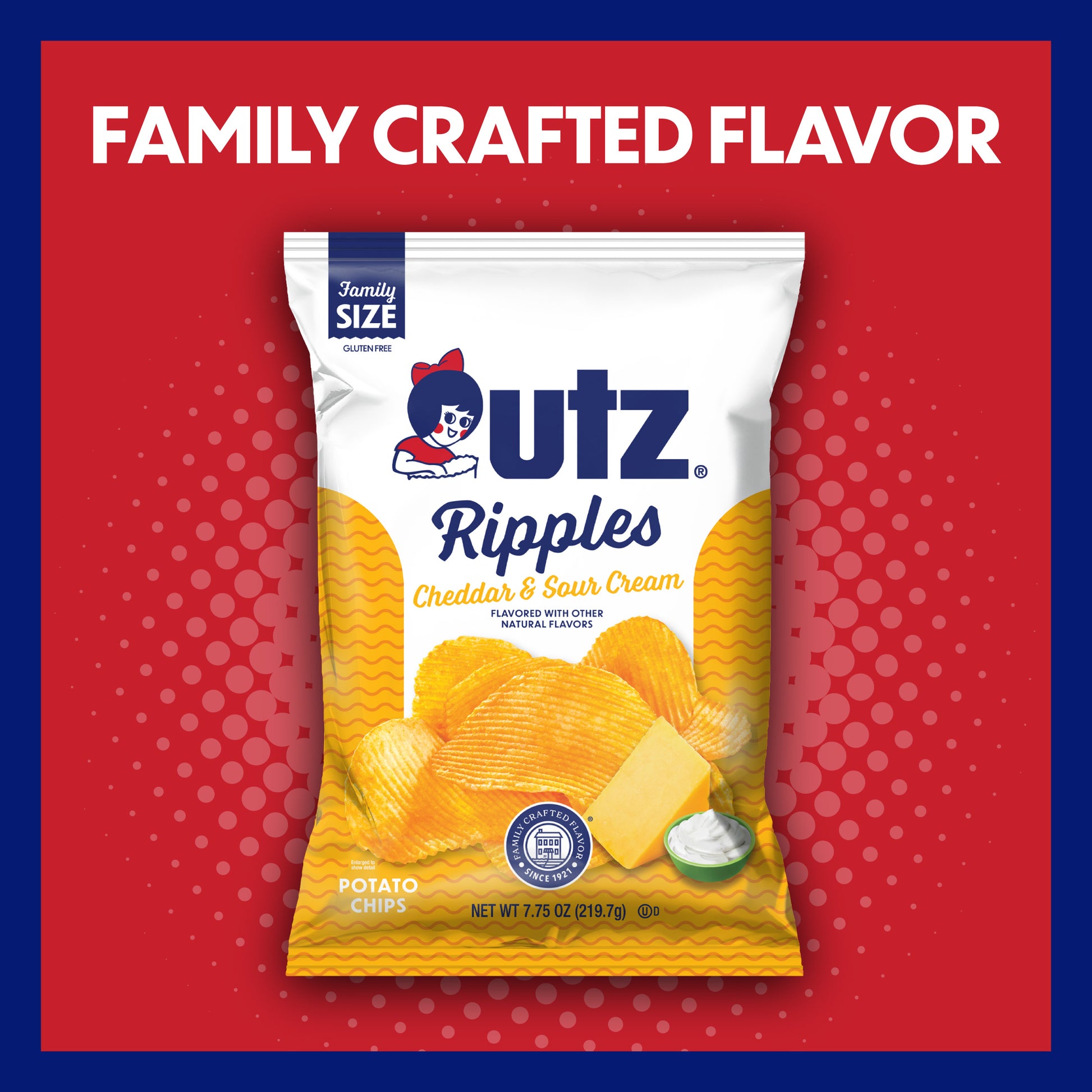 UTZ Ripples Cheddar & Sour Cream potato chips packaging on a red background with 'Family Crafted Flavor' text.