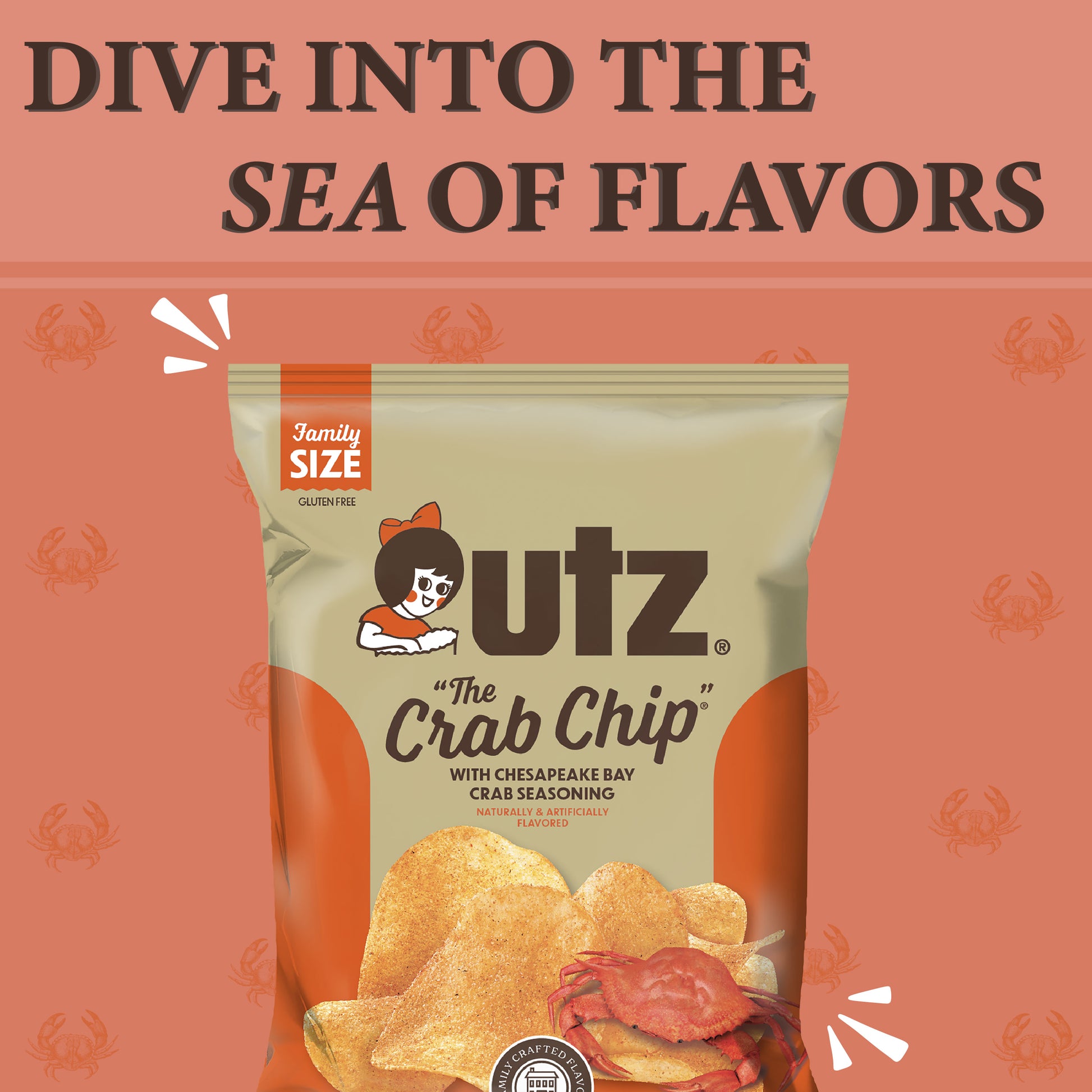 Outz Crab Chip packaging with promotional text on a pink background