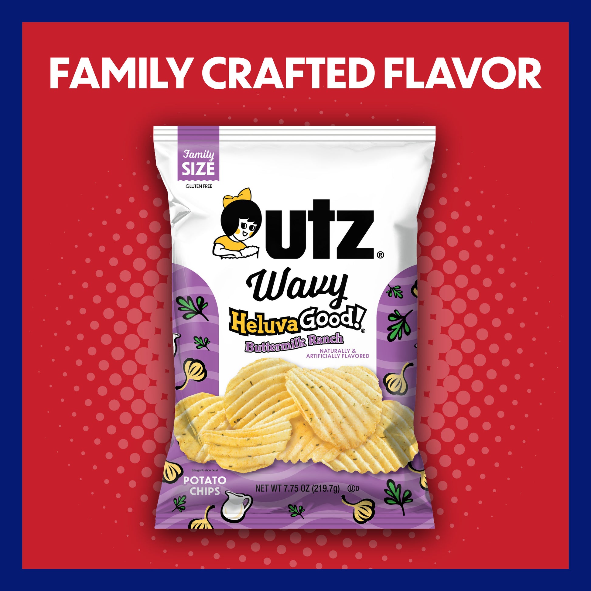 UTZ Wavy Heluva Good! potato chips family size package on a red background with text 'Family Crafted Flavor'.