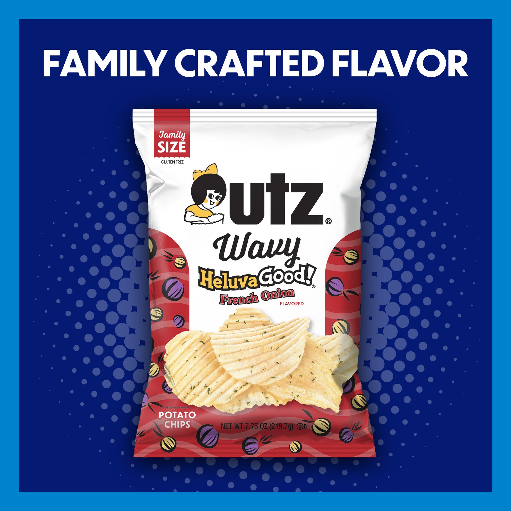 UTZ Wavy Heluva Good! French Onion flavored potato chips packaging on a blue background with text 'Family Crafted Flavor'.