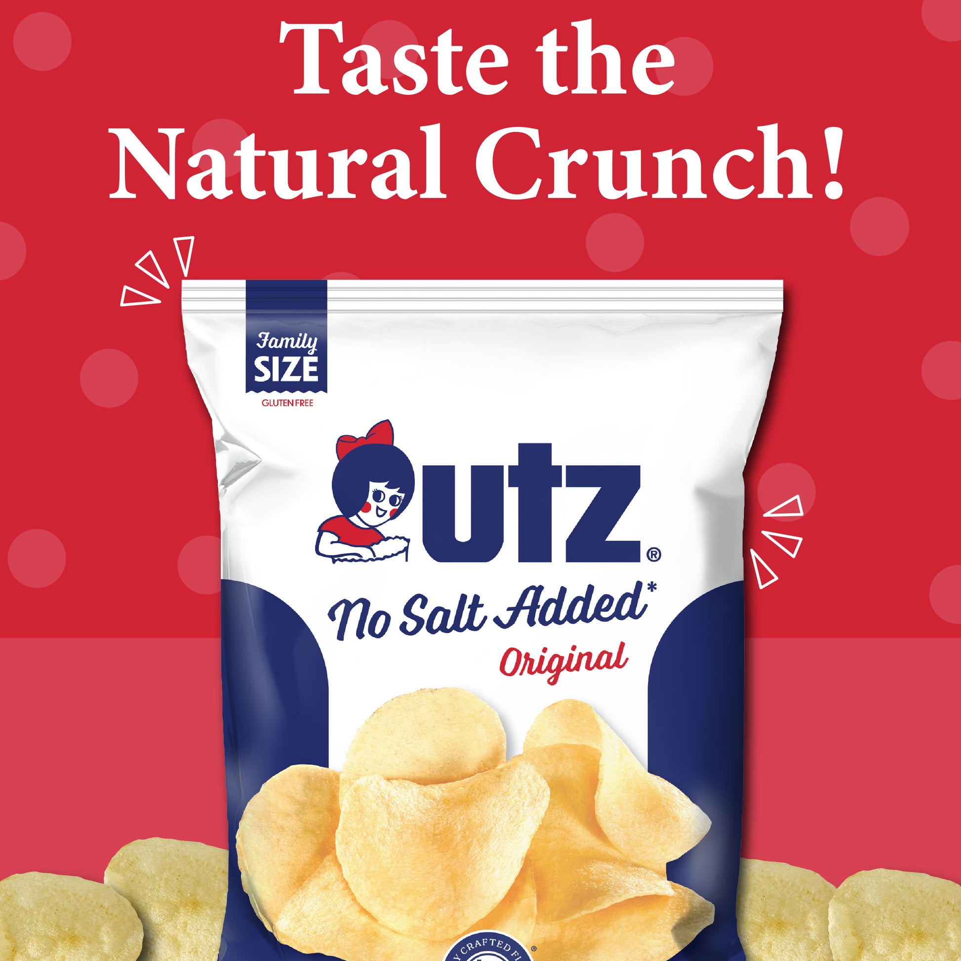 UTZ no salt added original chips packaging with text on a red background