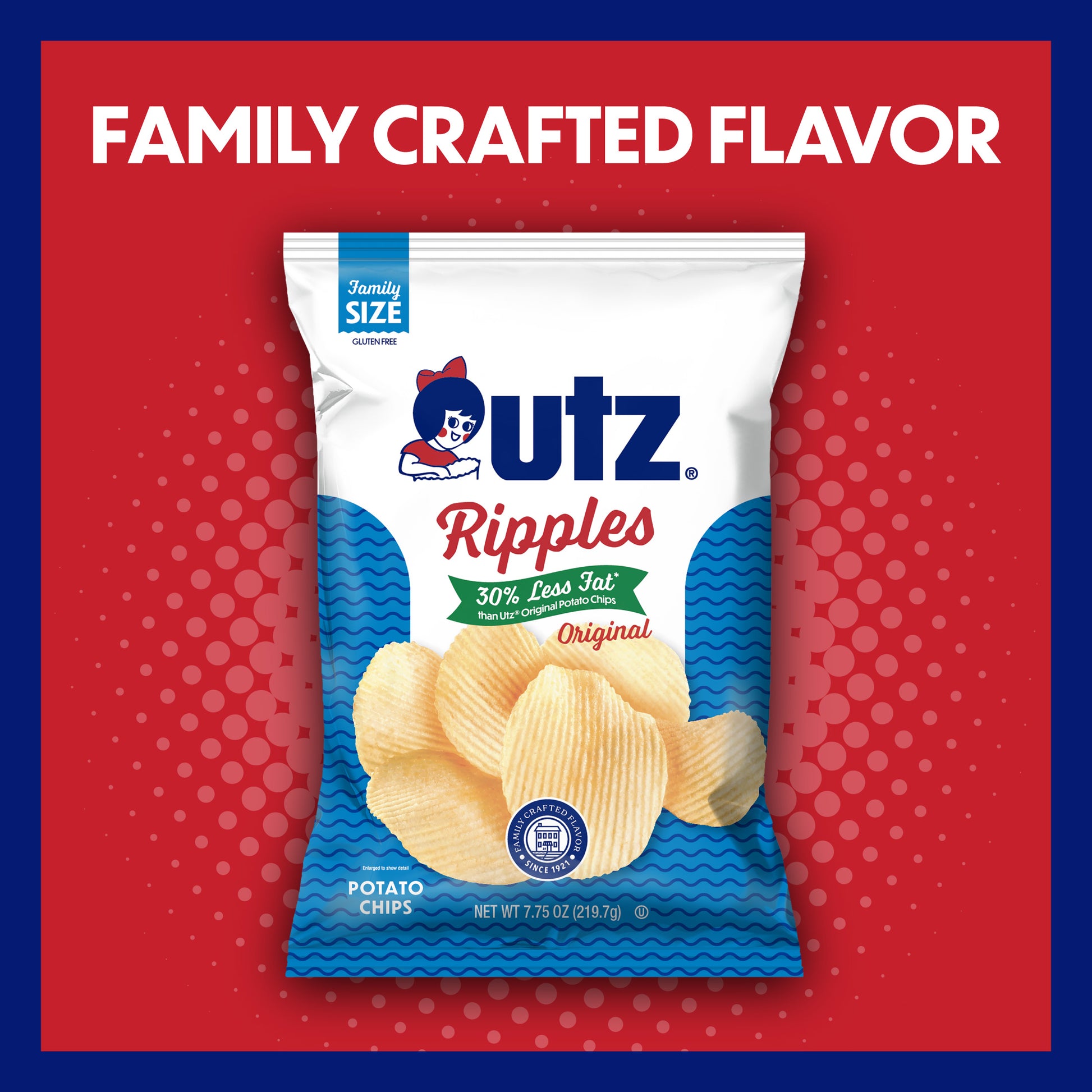 UTZ Ripples potato chips packaging on a red background with 'Family Crafted Flavor' text.