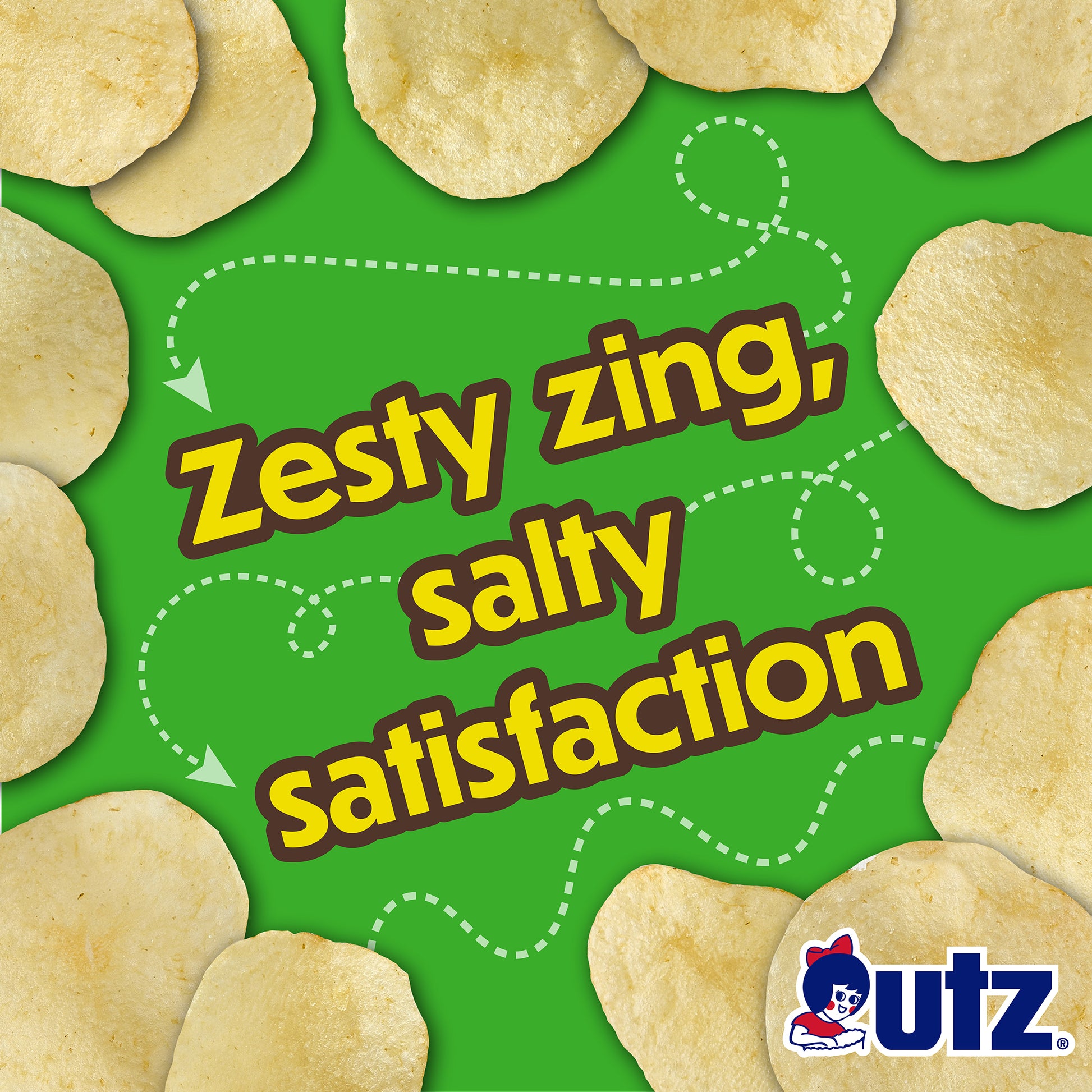 UTZ potato chips with 'Zesty zing, salty satisfaction' text on a green background