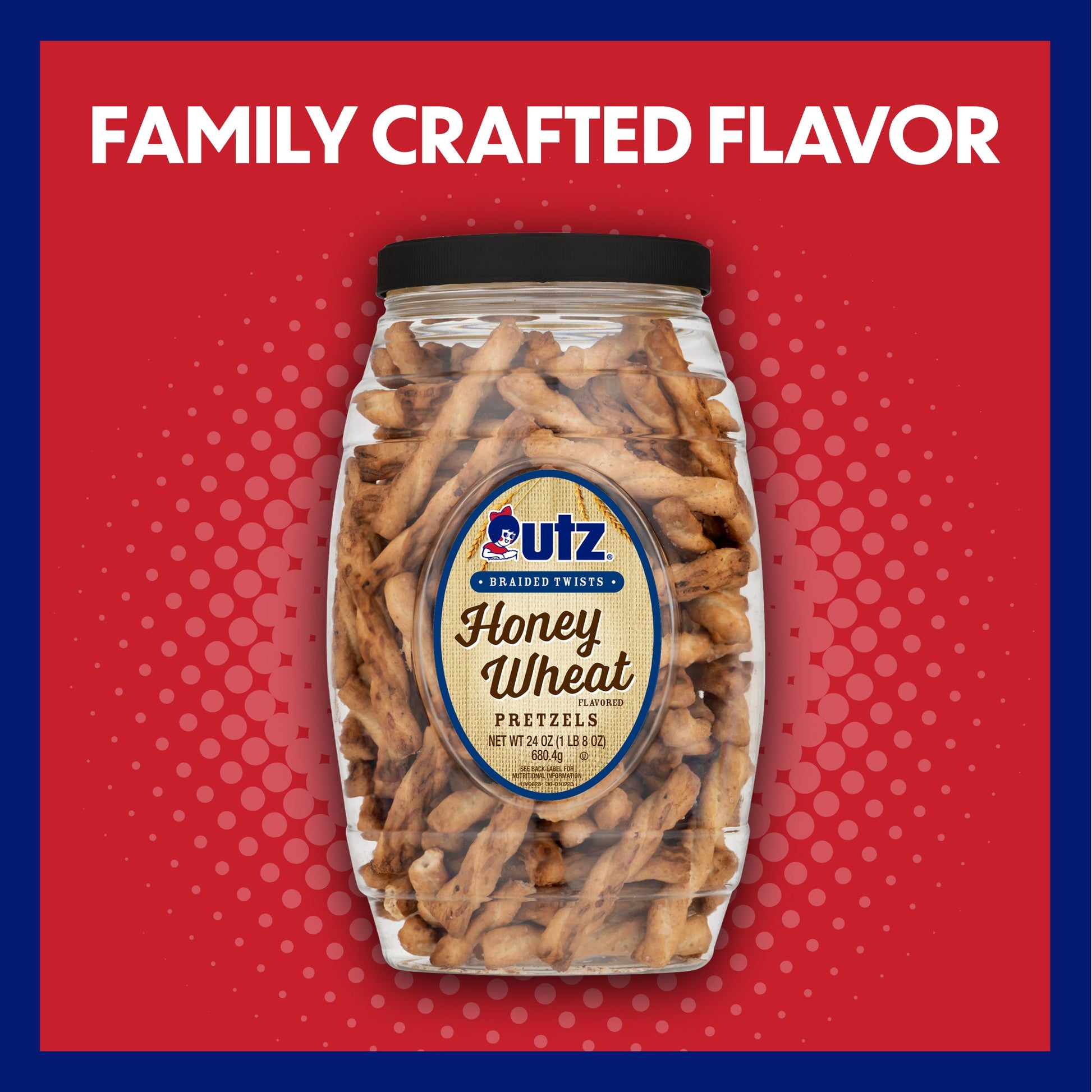 Jar of Utz Honey Wheat Pretzels on a red background with 'Family Crafted Flavor' text.