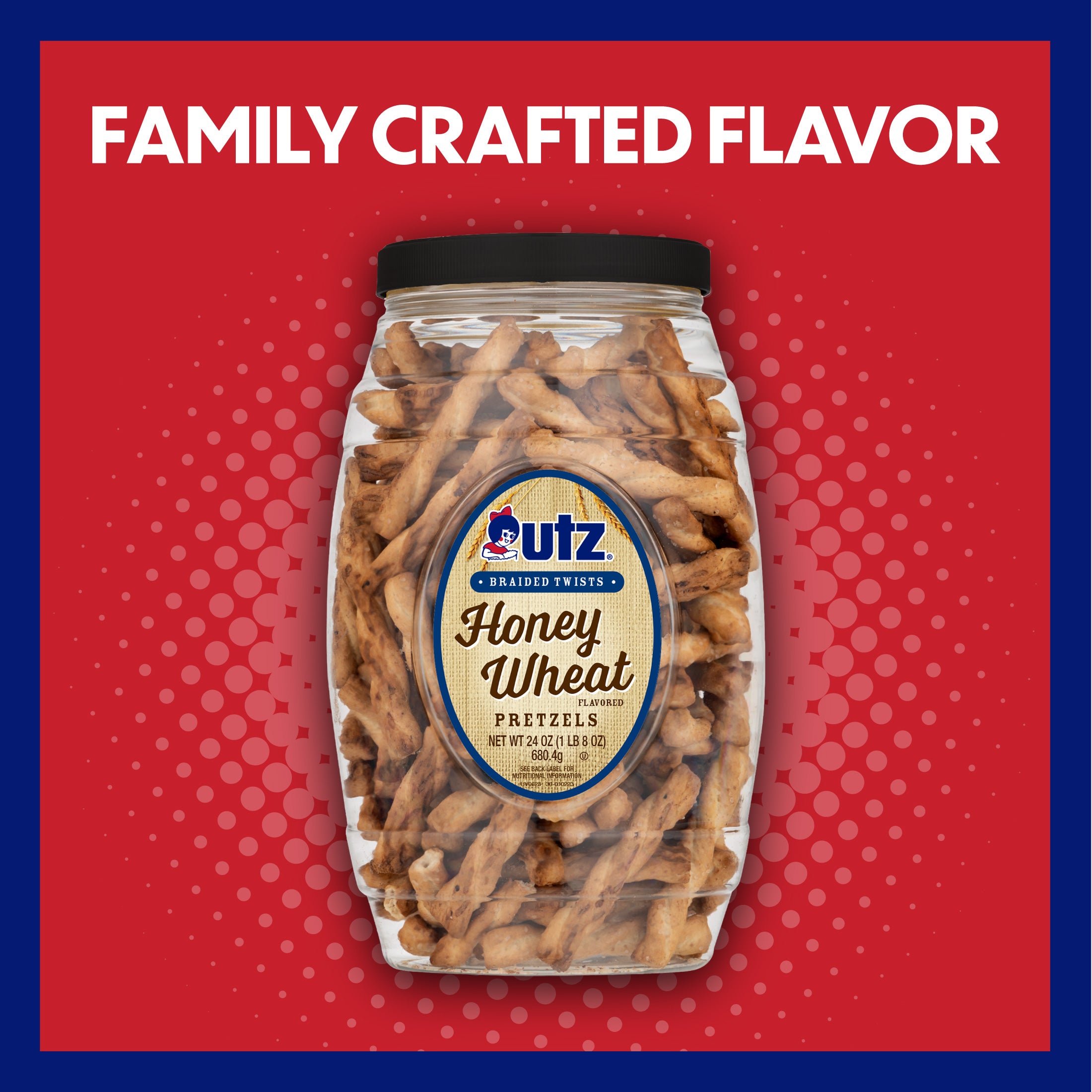 Jar of Utz Honey Wheat Pretzels on a red background with 'Family Crafted Flavor' text.