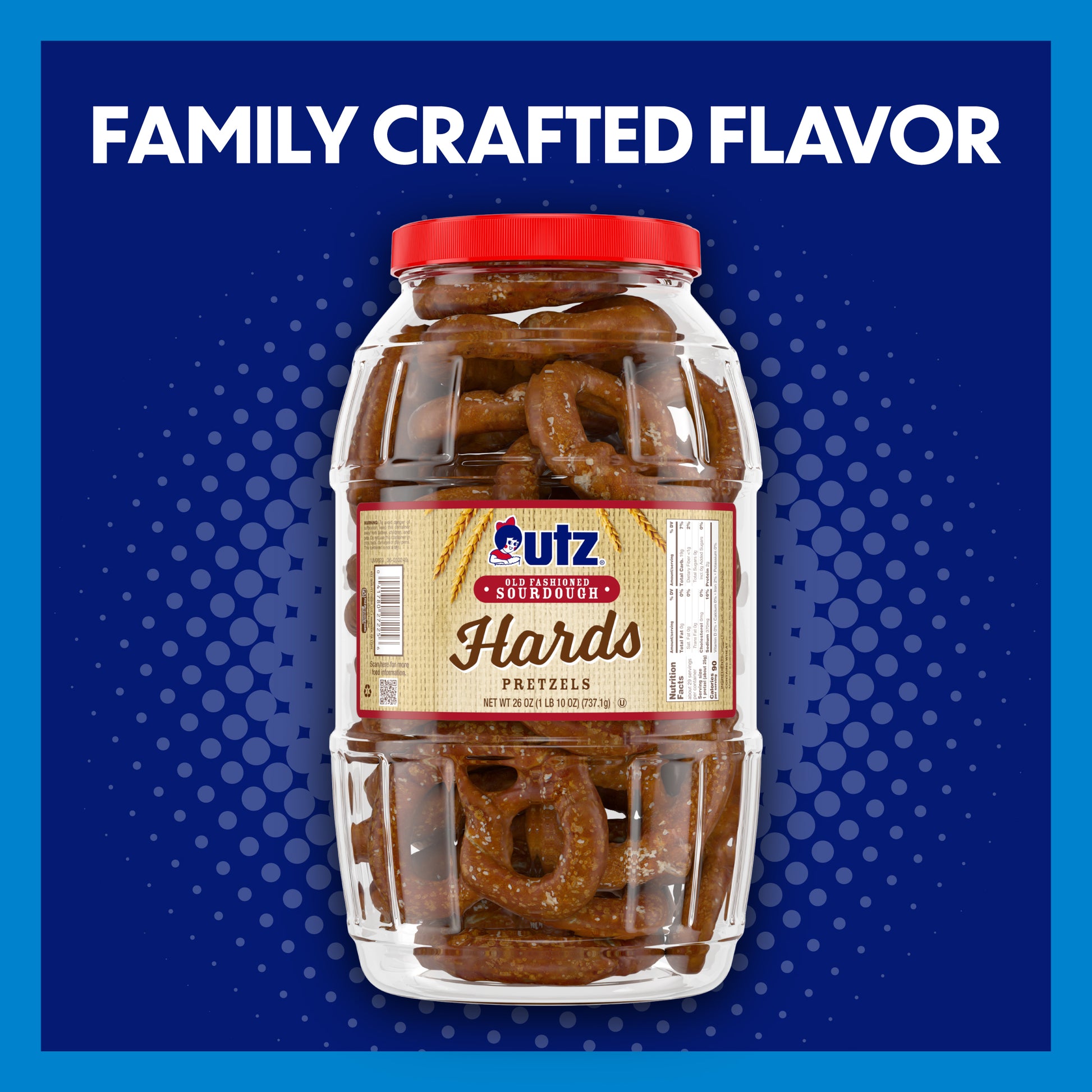Jar of Utz Hards Pretzels with a red lid on a blue background