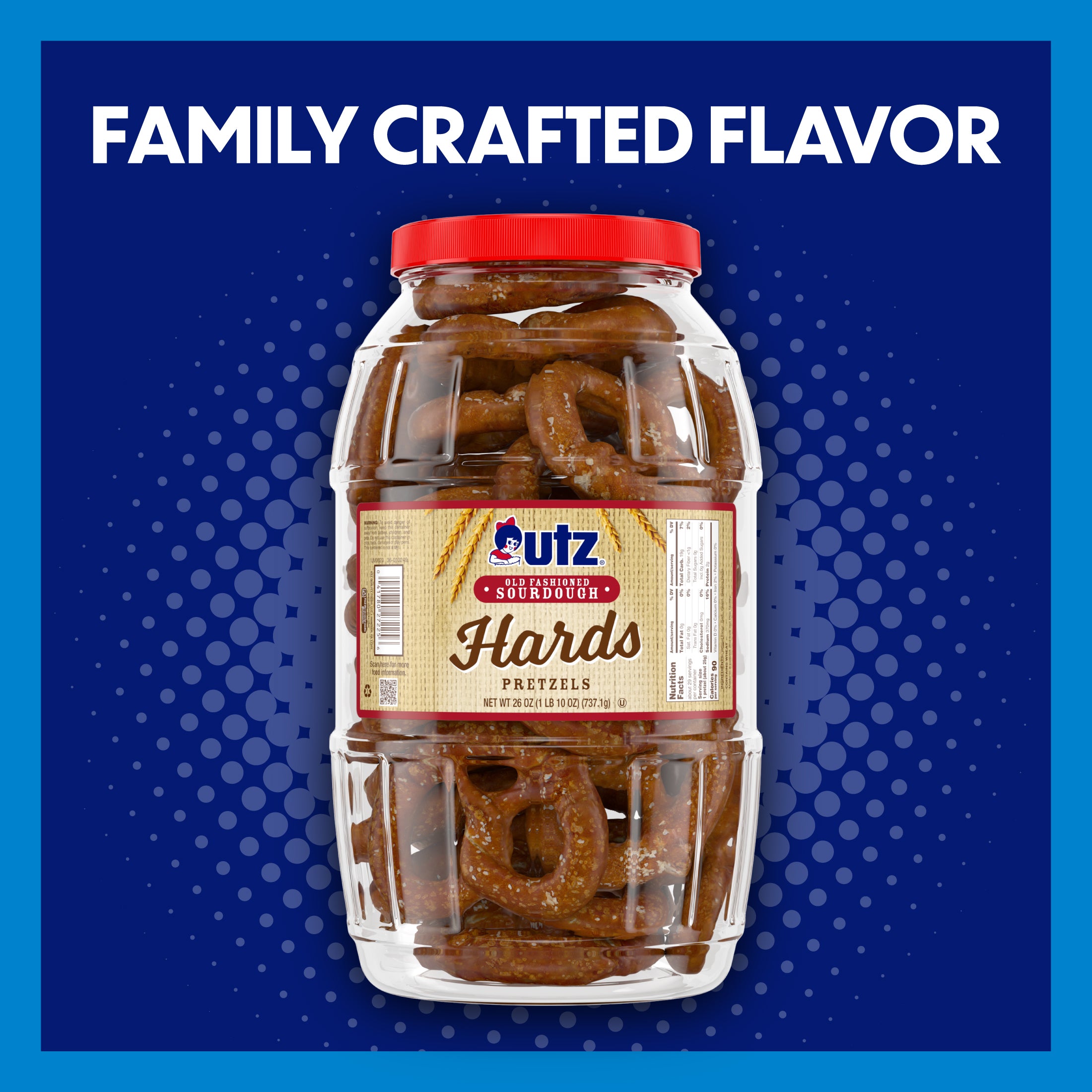 Jar of Utz Hards Pretzels with a red lid on a blue background