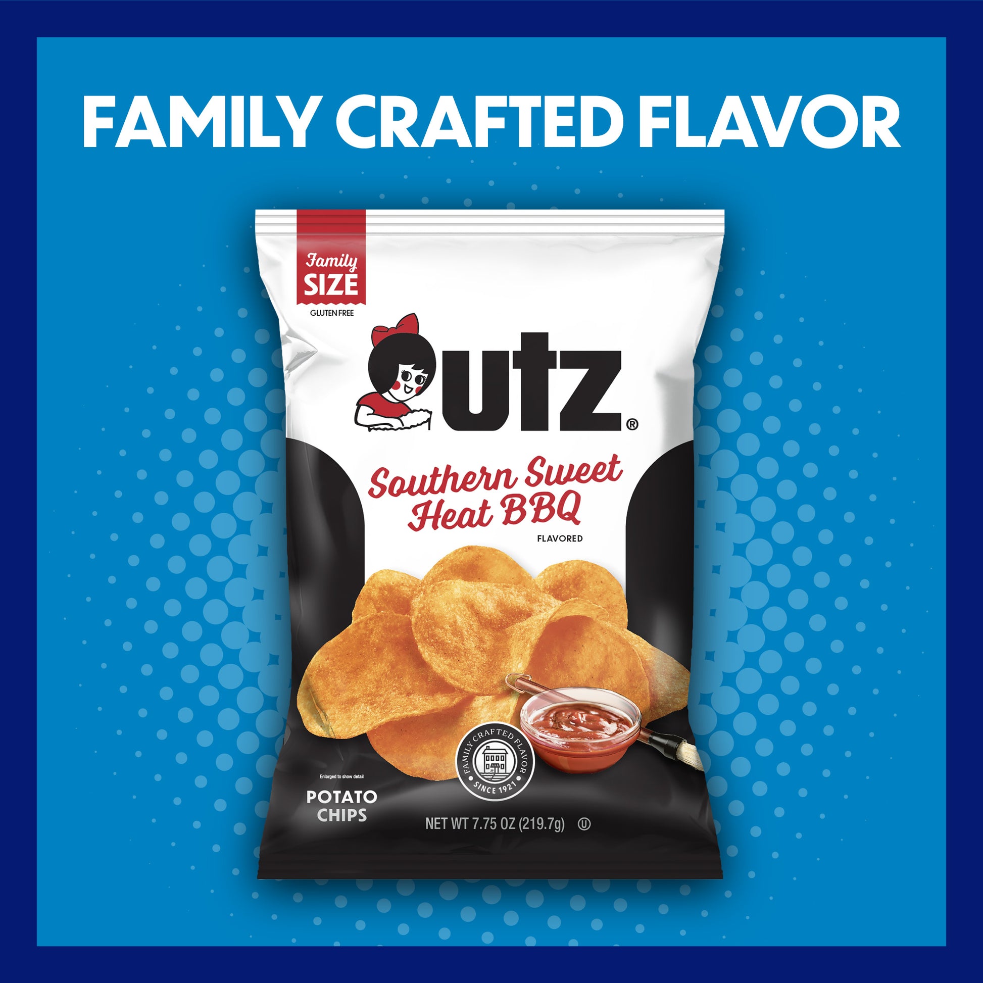 UTZ Southern Sweet Heat BBQ potato chips packaging on a blue background with text 'Family Crafted Flavor'.