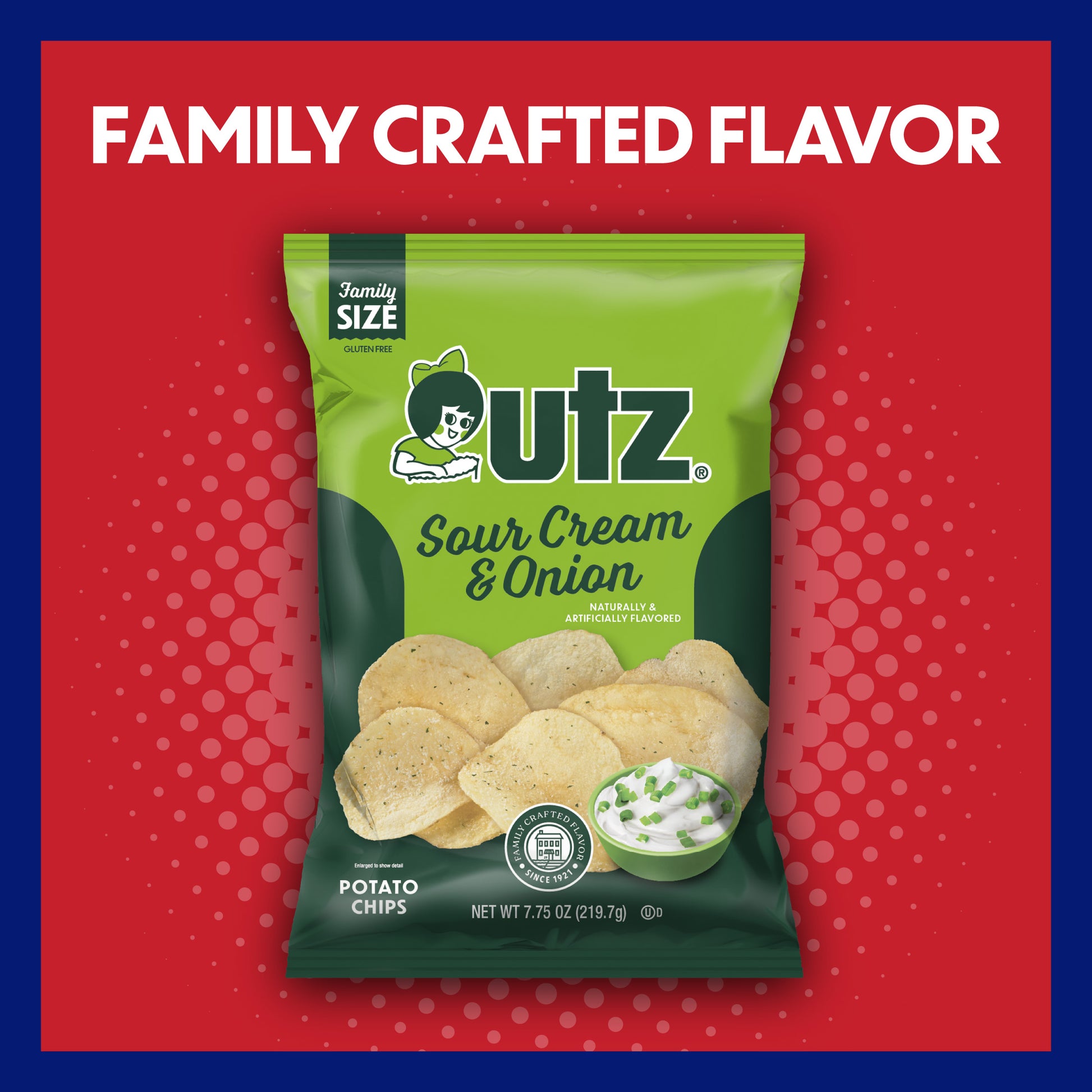 Green bag of Utz Sour Cream & Onion potato chips on a red background with text.