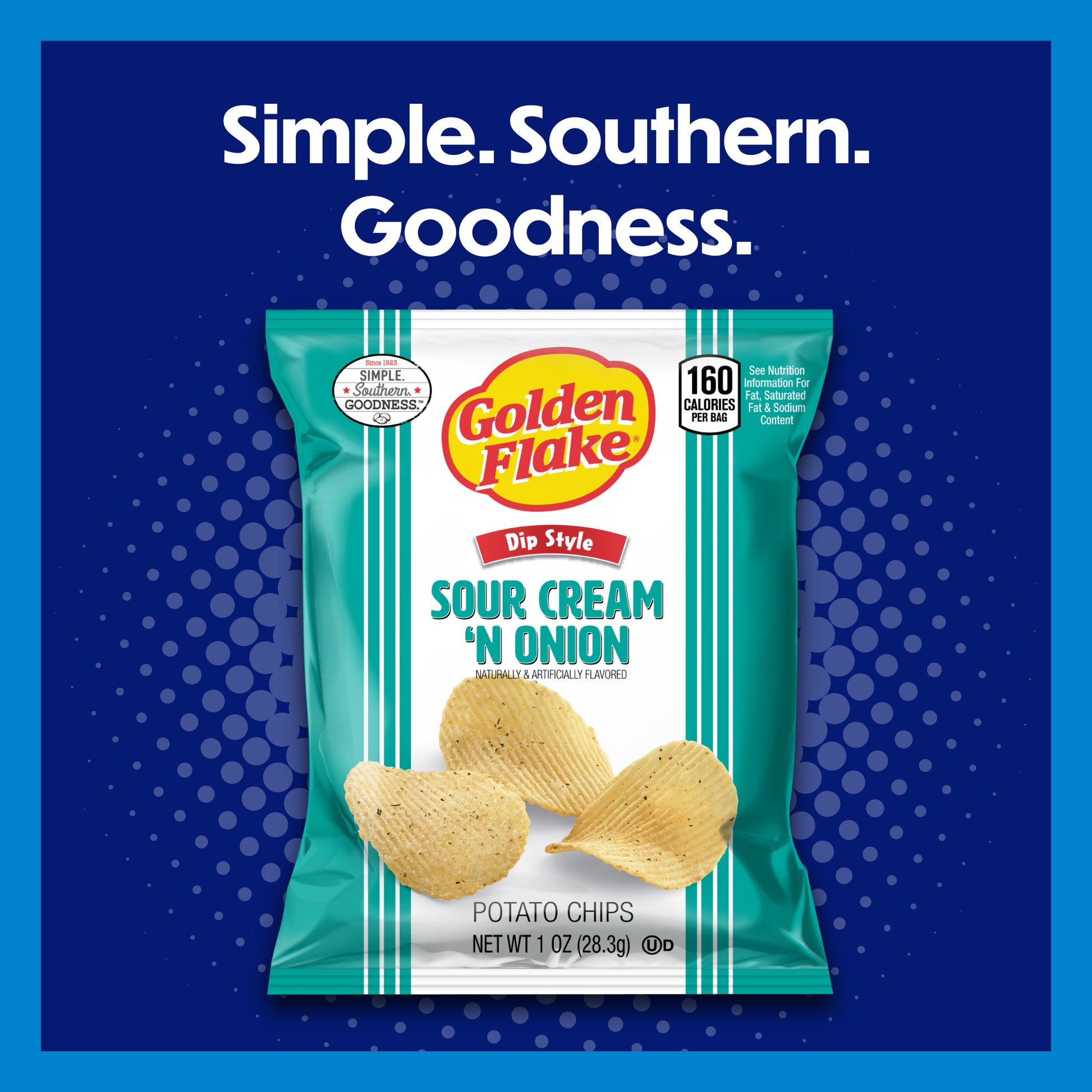 Packaging of Golden Flake Sour Cream 'n Onion potato chips on a blue background with brand name and flavor text.