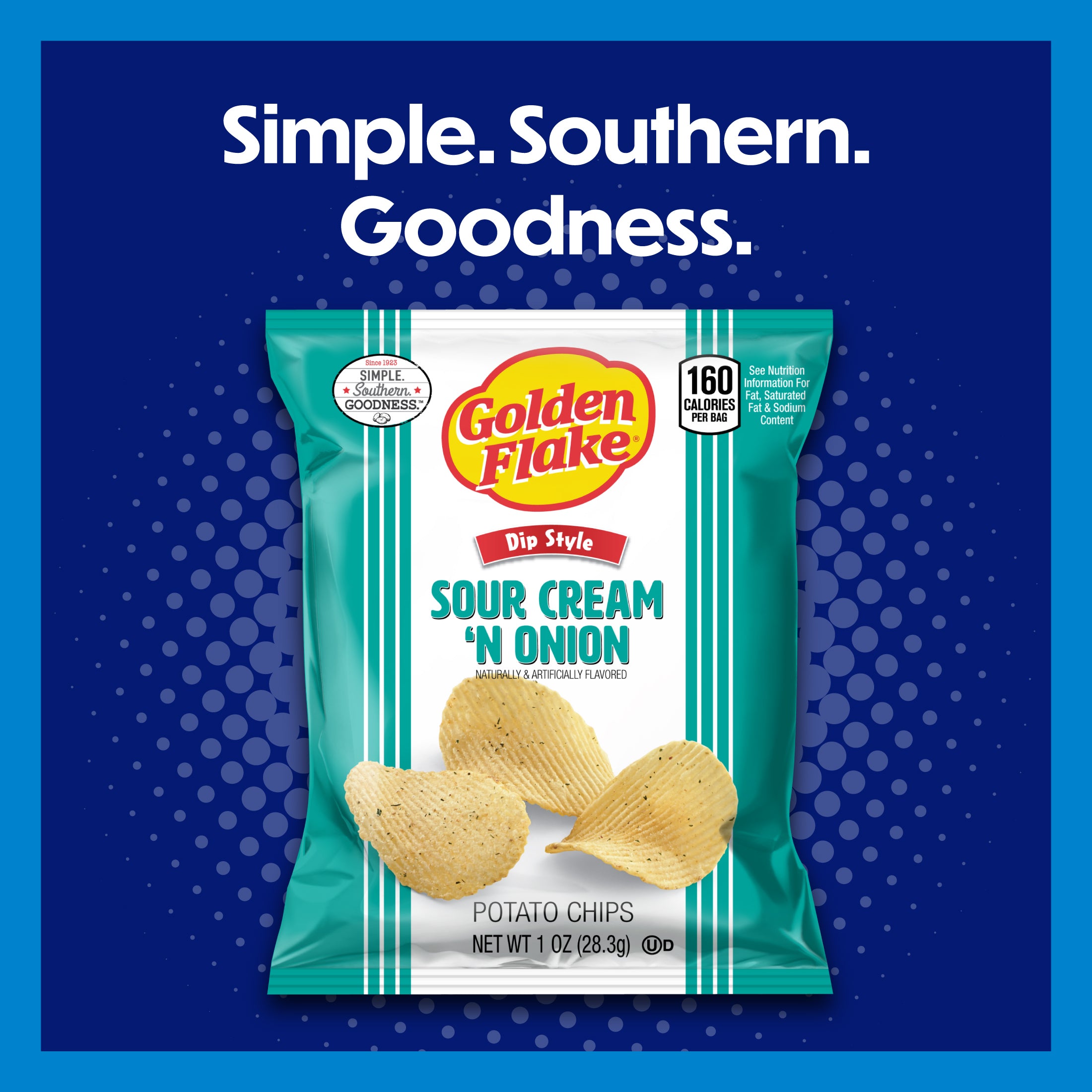Packaging of Golden Flake Sour Cream 'n Onion potato chips on a blue background with brand name and flavor text.