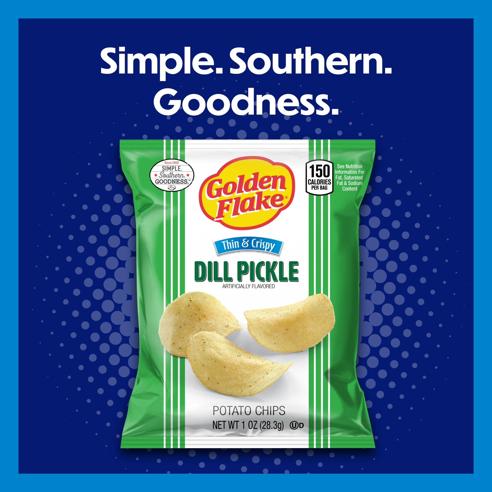 Packaging of Golden Flake Dill Pickle potato chips on a blue background with text 'Simple. Southern. Goodness.'