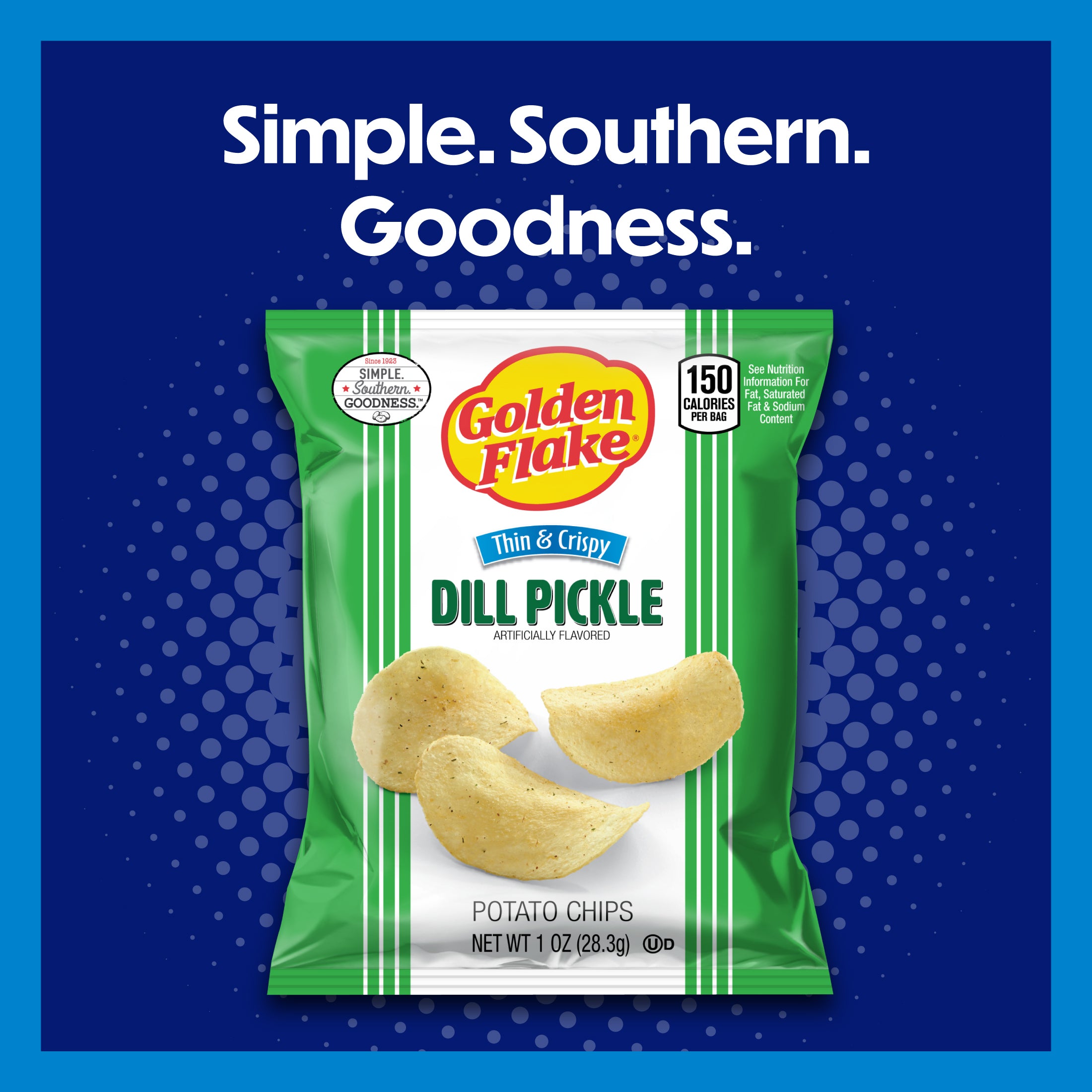 Packaging of Golden Flake Dill Pickle potato chips on a blue background with text 'Simple. Southern. Goodness.'