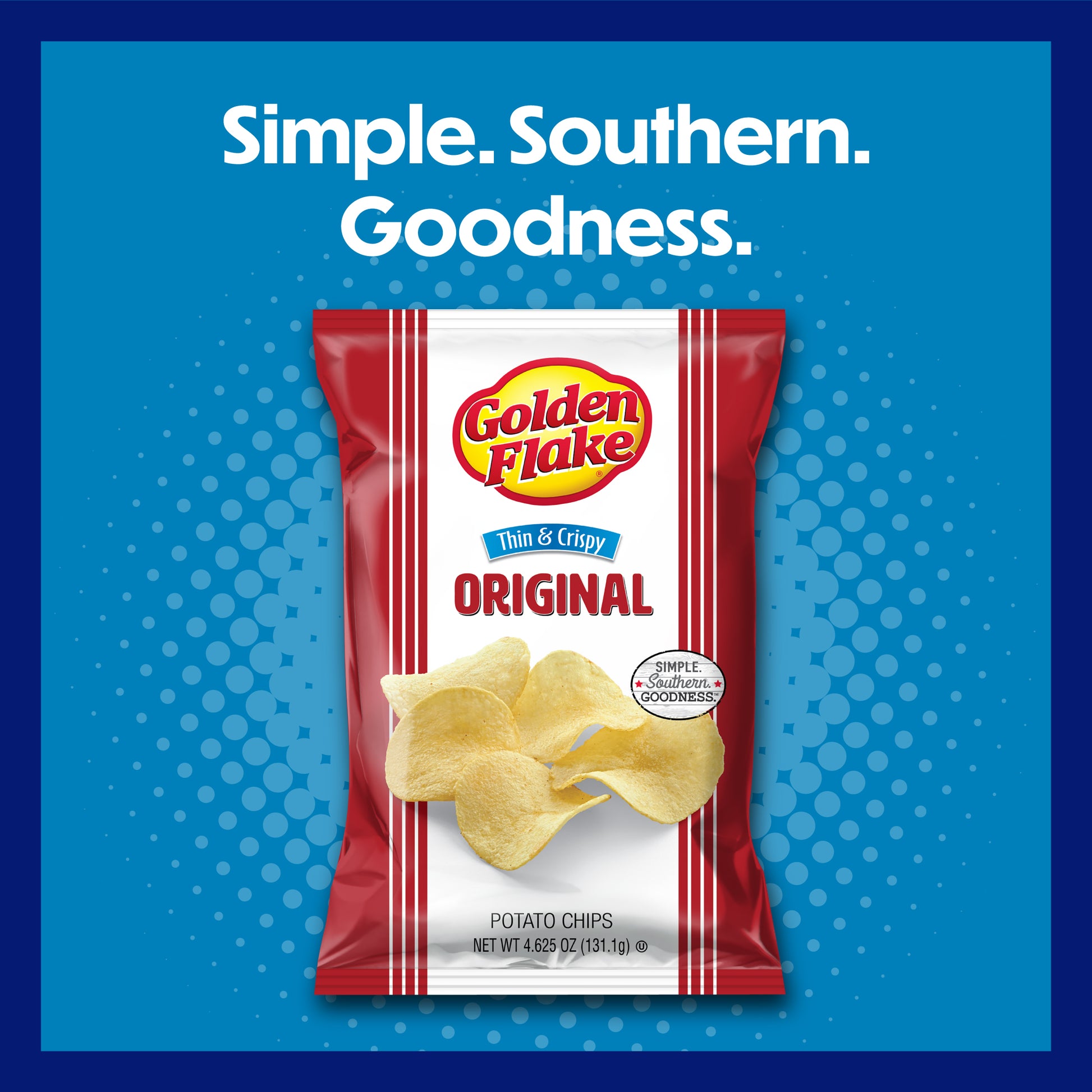 Golden Flake potato chips packaging with 'Simple. Southern. Goodness.' text on a blue background