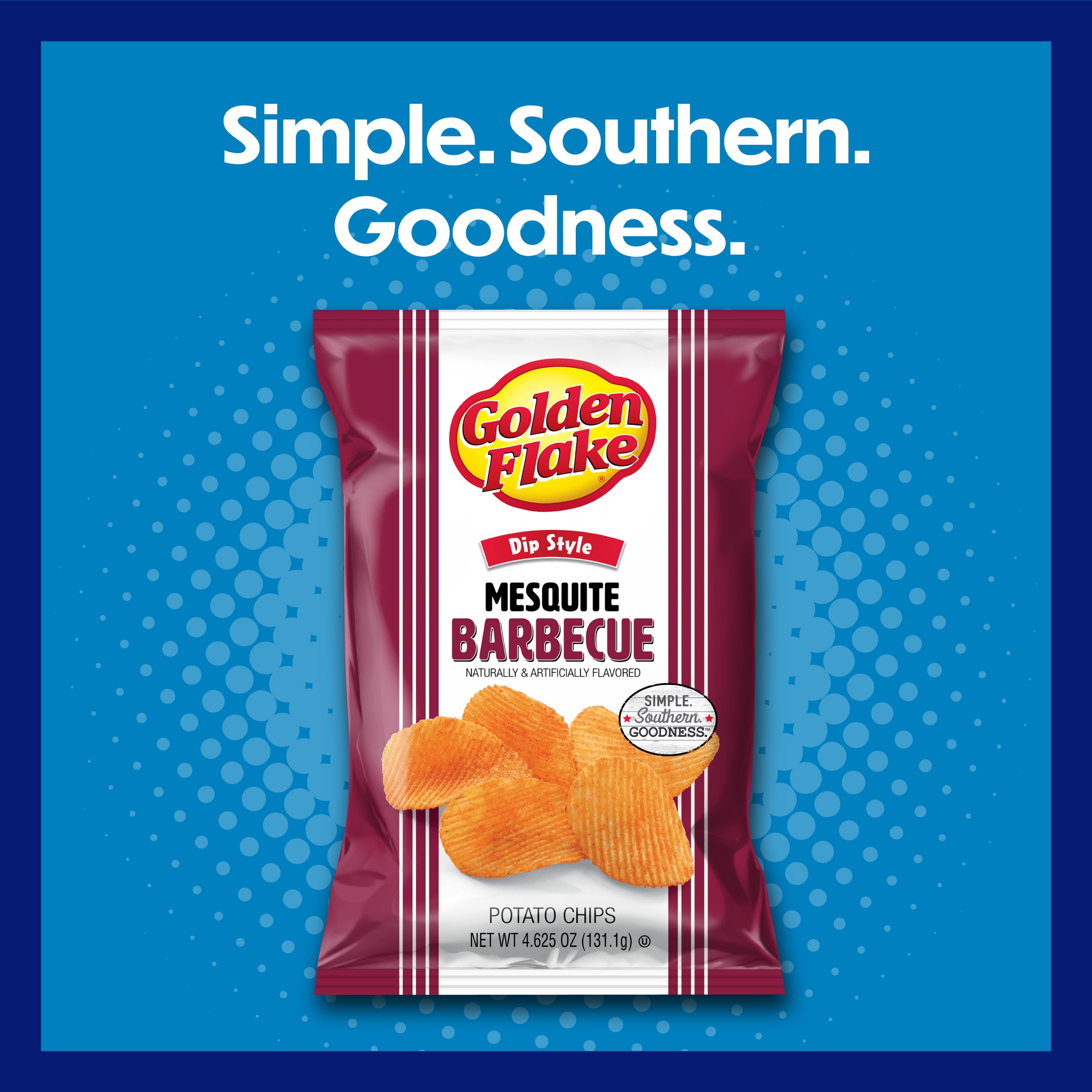 Packaging of Golden Flake Mesquite Barbecue flavored potato chips on a blue background with brand name and flavor text.