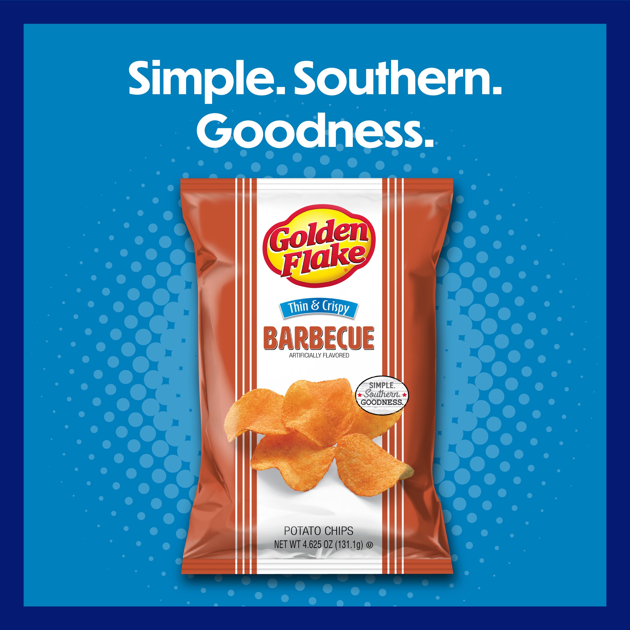 Golden Flake Barbecue potato chips packaging on a blue background with 'Simple. Southern. Goodness.' text.