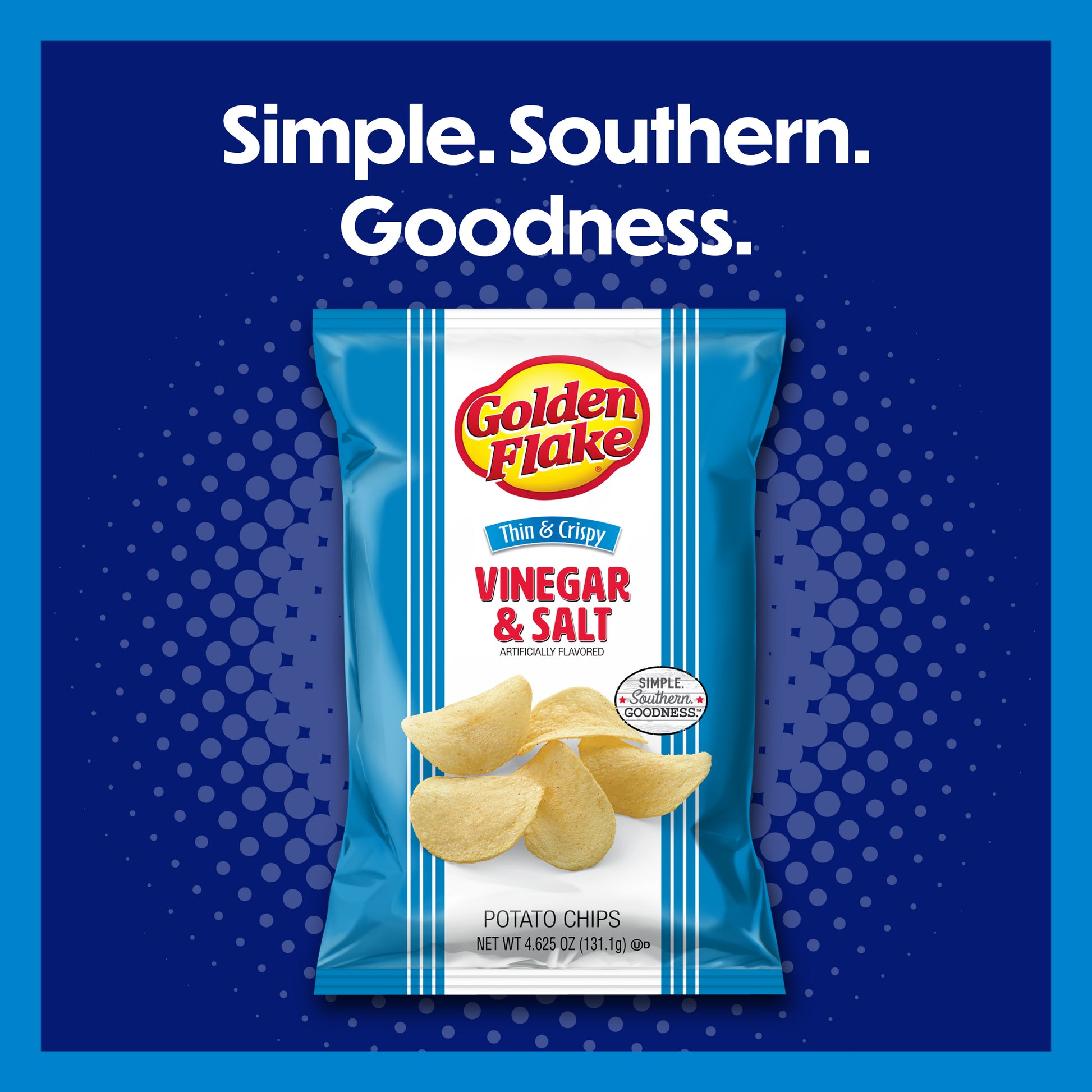 Packaging of Golden Flake Vinegar & Salt potato chips on a blue background with brand name and flavor text.