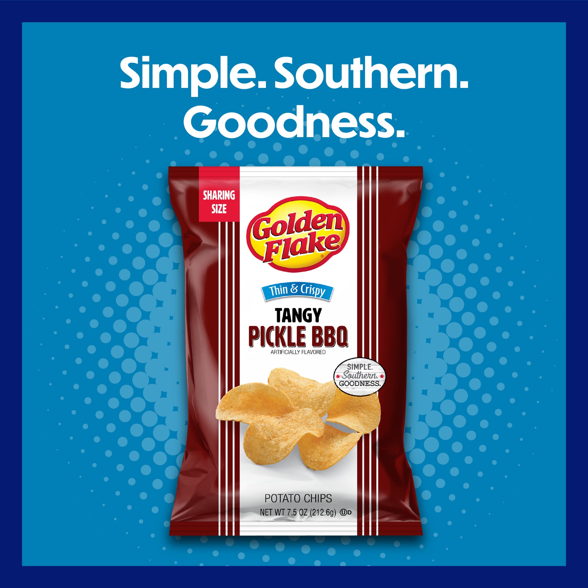 Golden Flake Tangy Pickle BBQ potato chips packaging on a blue background with brand name and flavor text.