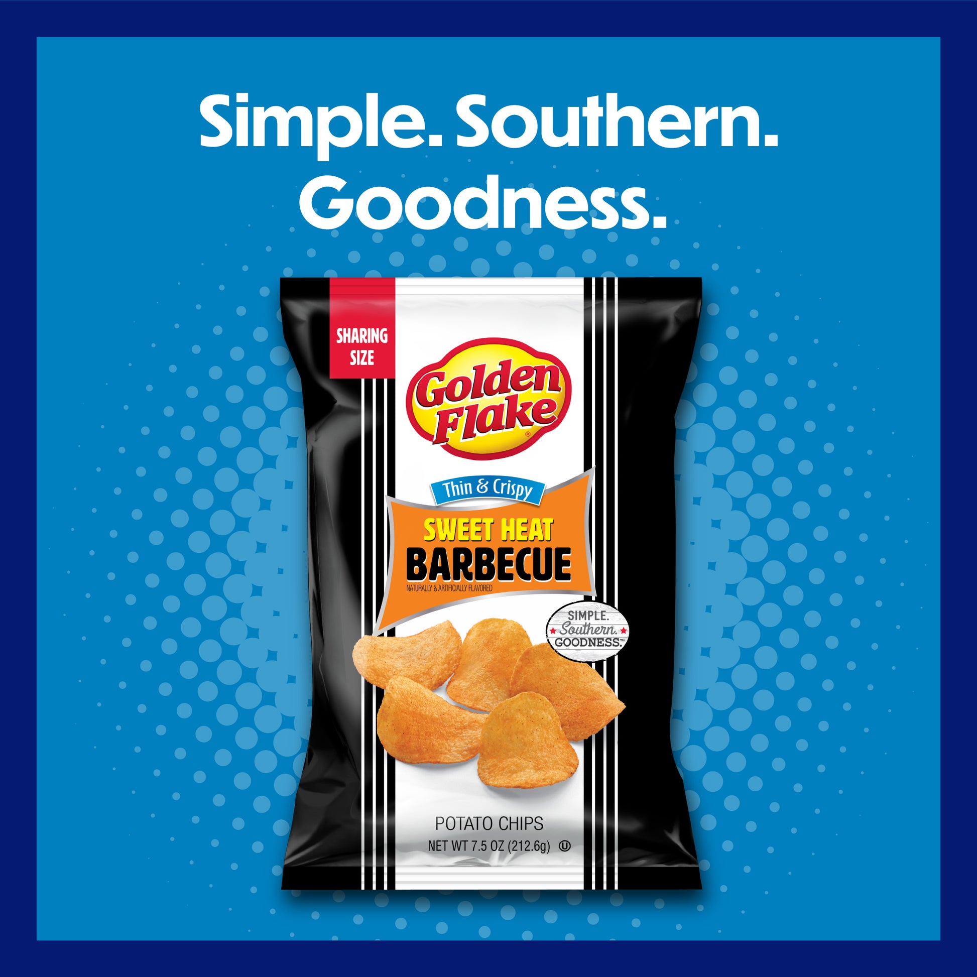 Golden Flake Sweet Heat Barbecue potato chips packaging on a blue background with text 'Simple. Southern. Goodness.'