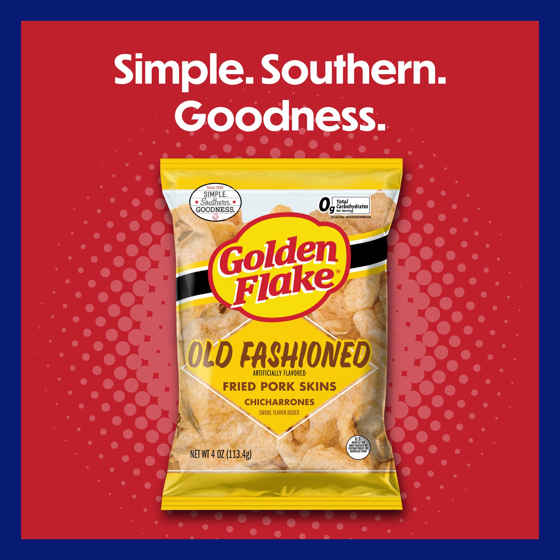 Packaging of Golden Flake Old Fashioned Fried Pork Skins on a red background with text 'Simple. Southern. Goodness.'