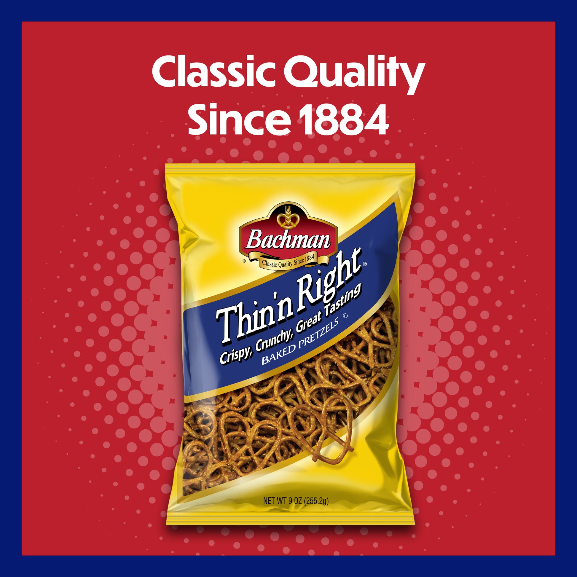 Packaged snack with 'Bachman Thin' Right' branding on a red background with text 'Classic Quality Since 1884'.
