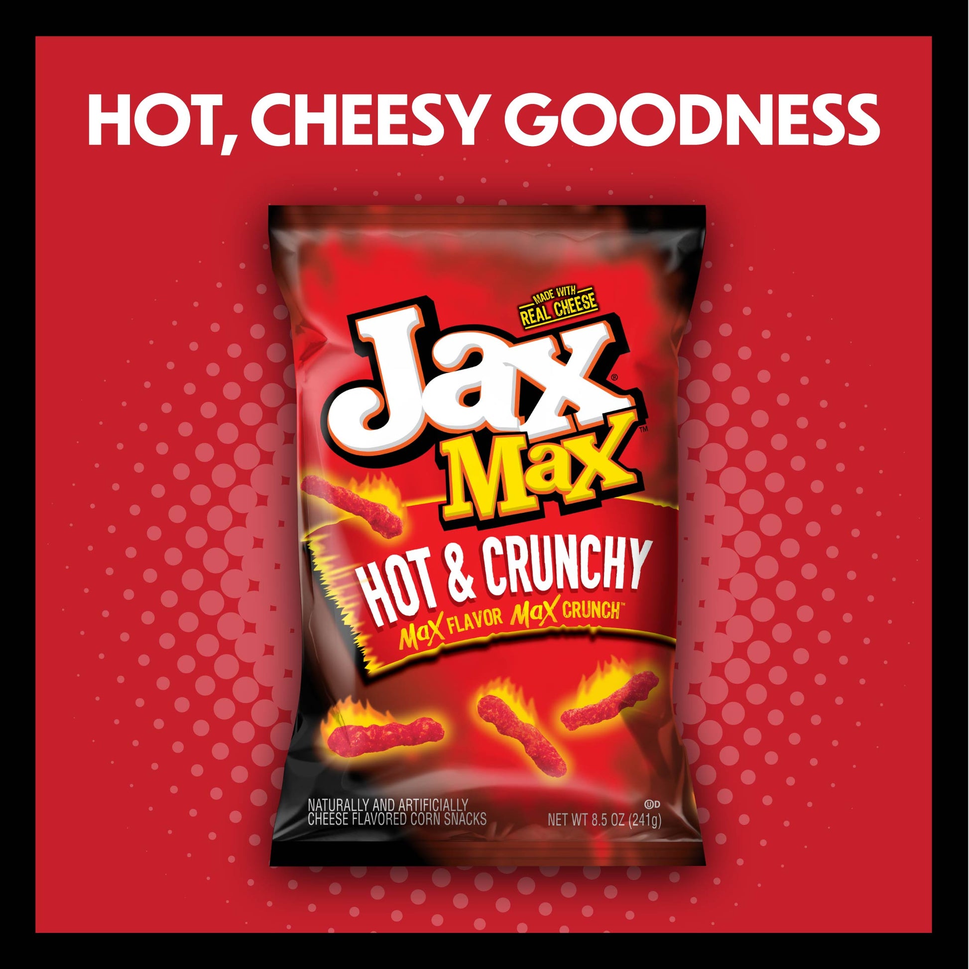 Jax Max Hot & Crunchy snack package on a red background with text 'Hot, Cheesy Goodness'.