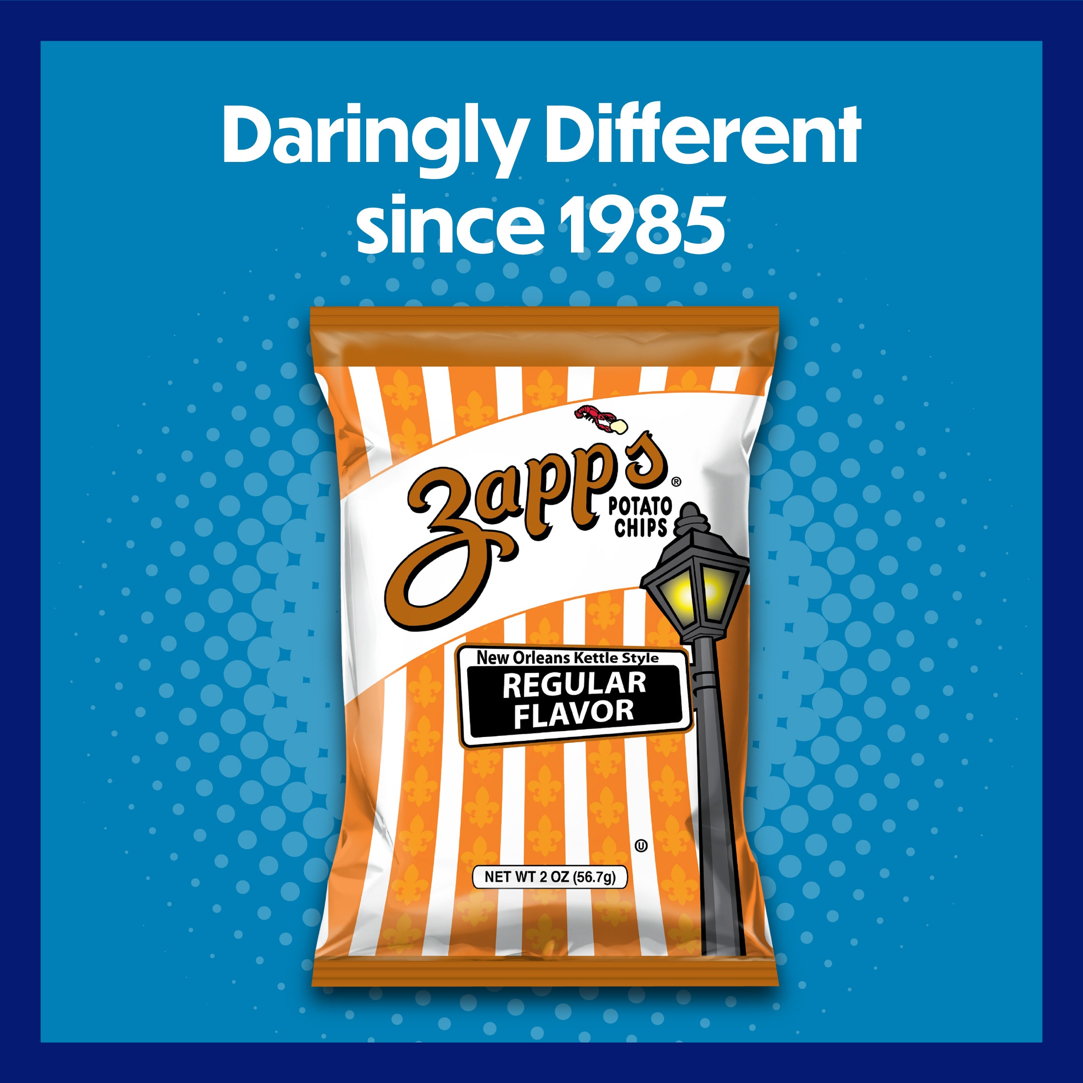 Zappos potato chips packaging with a blue background and text 'Daringly Different since 1985'.