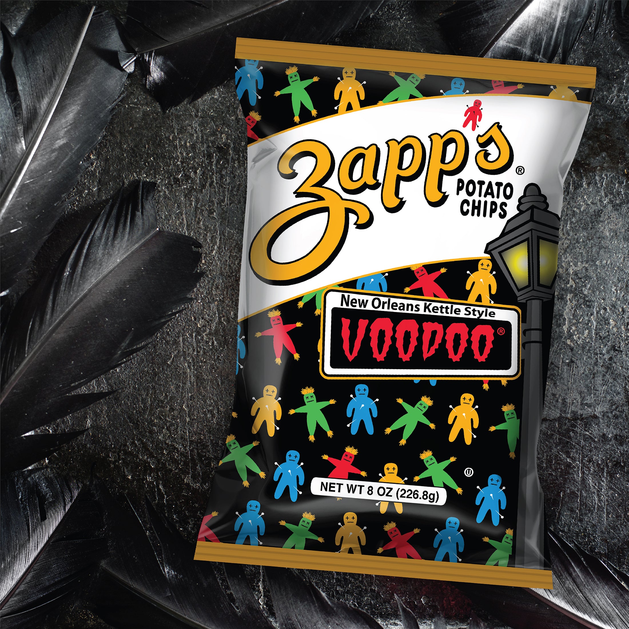 Zapp's Voodoo potato chips bag with colorful figures on a dark background