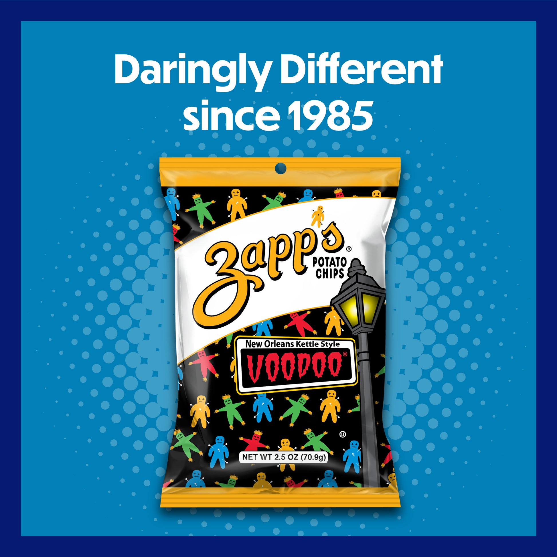 Zapp's Voodoo potato chips packaging with colorful figures and text on a blue background