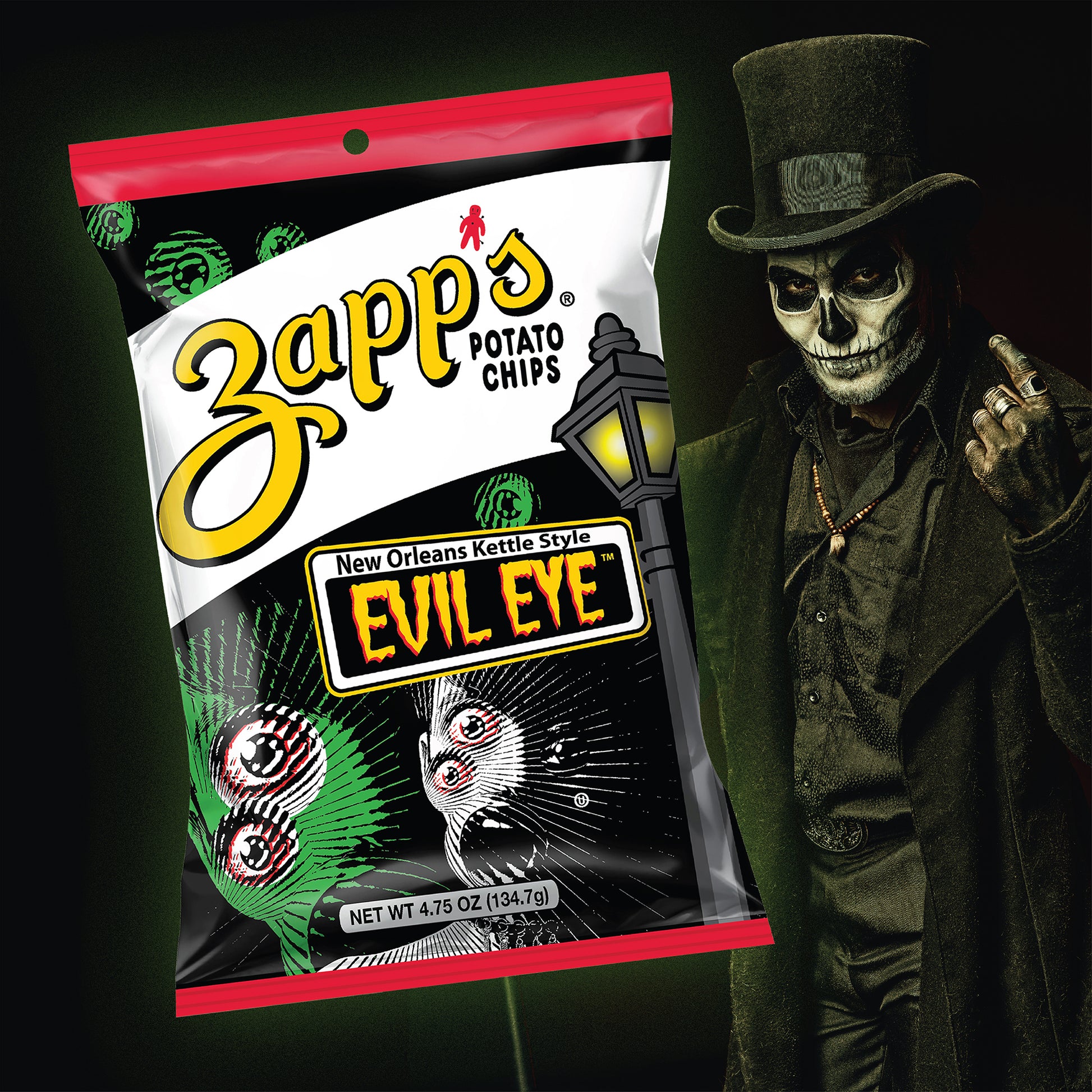 Zapp's Potato Chips 'Evil Eye' package with a skeleton character in a top hat on a dark background