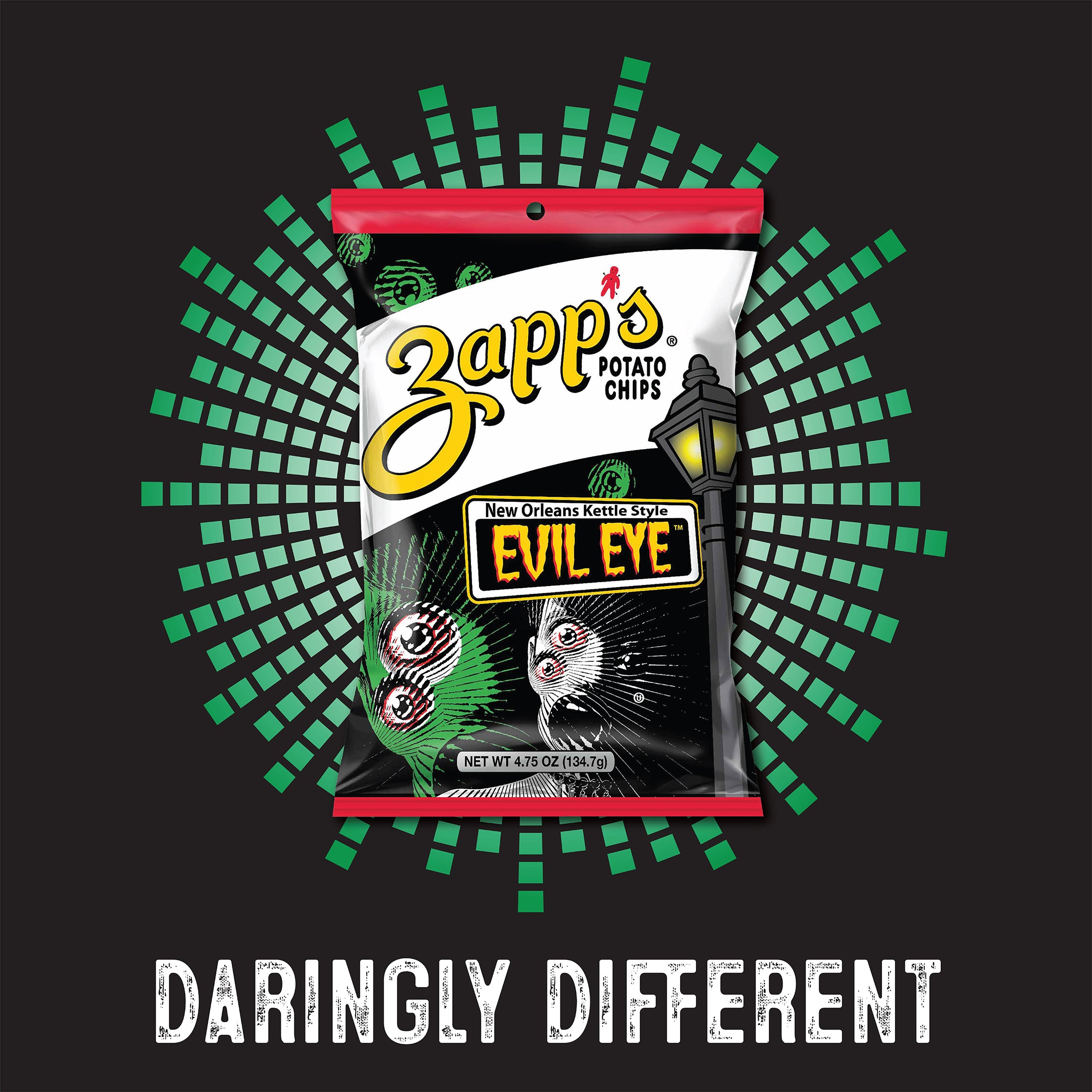 Zapp's Potato Chips Evil Eye packaging with green and black decorative elements on a black background.