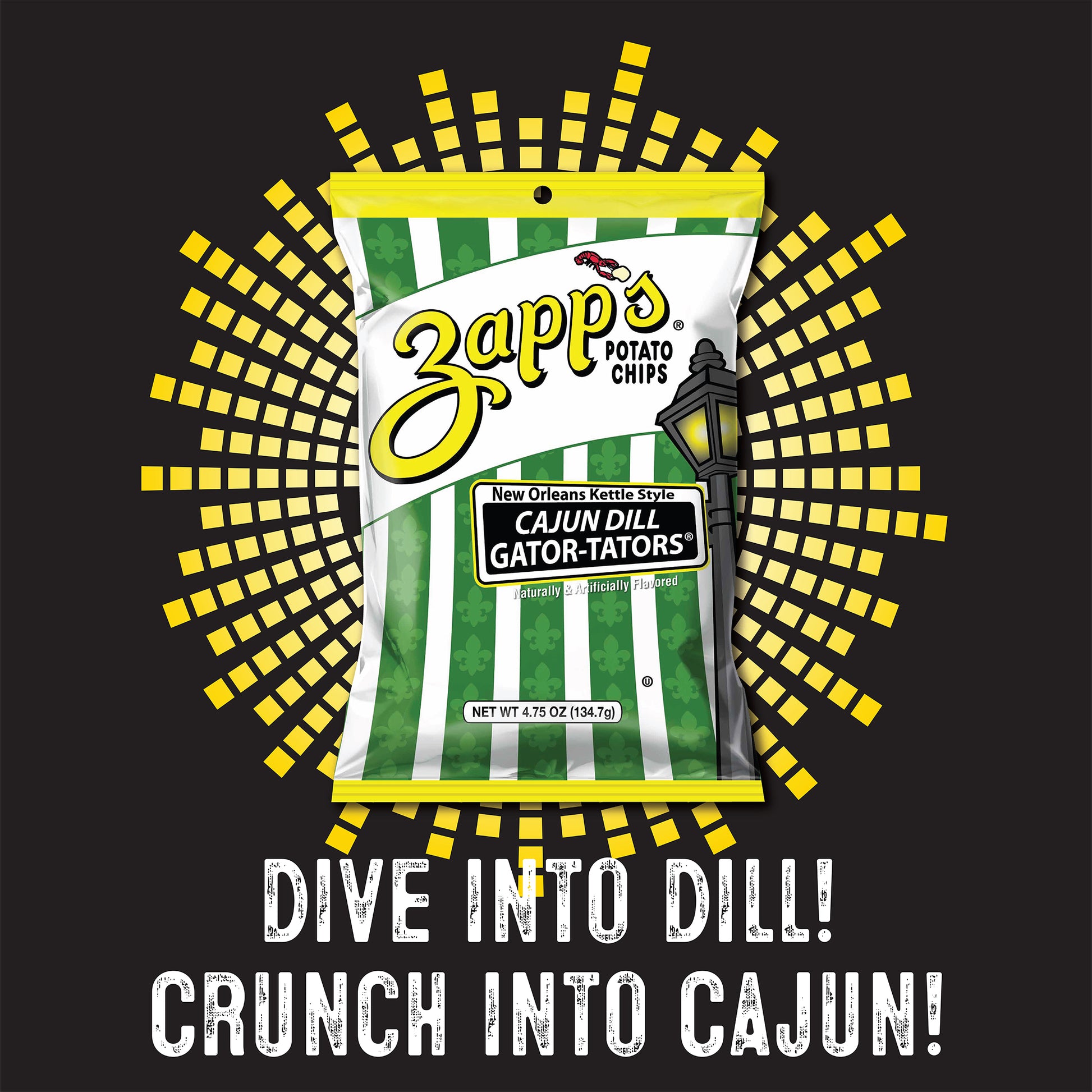 Zapp's Potato Chips packaging with promotional text on a black background