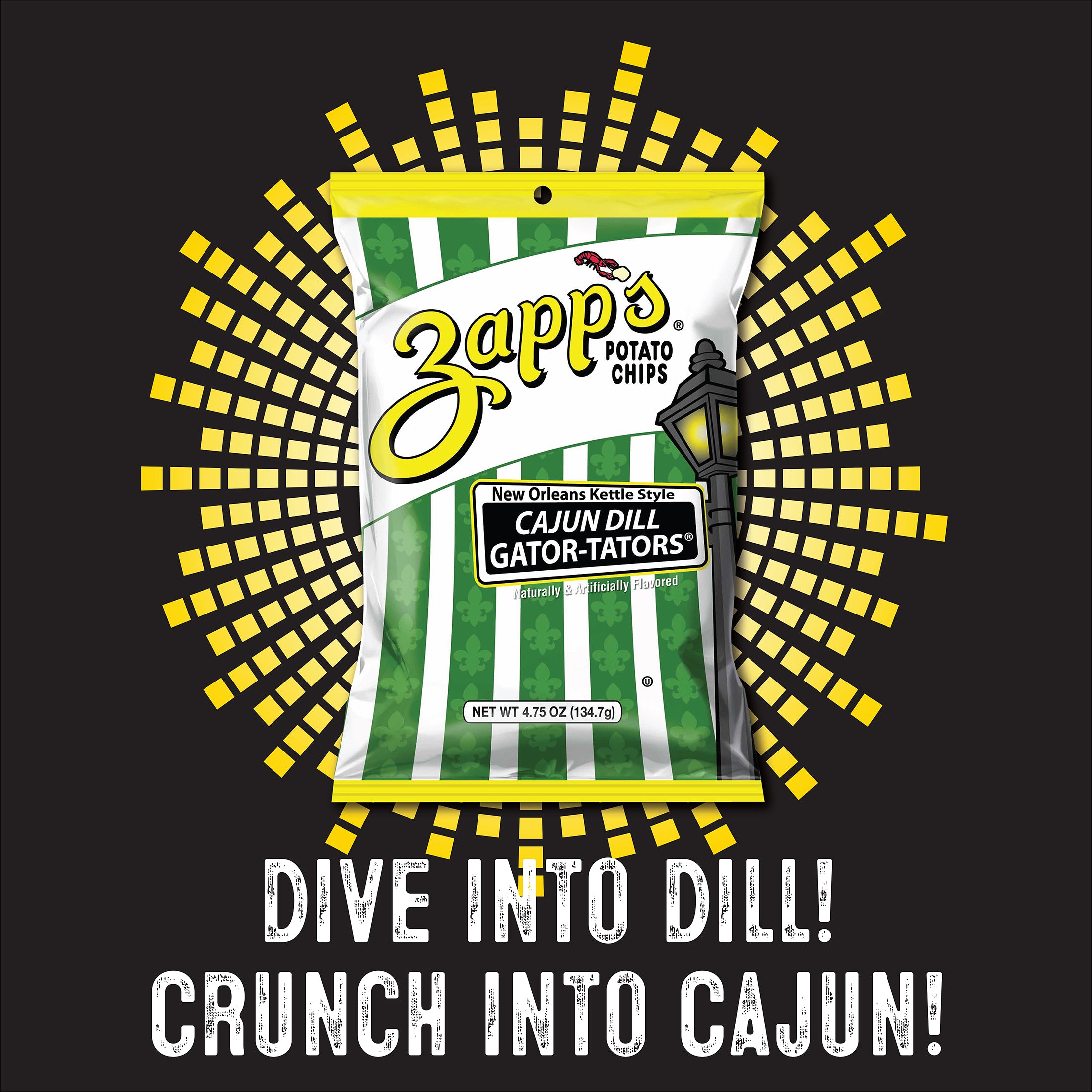 Zapp's Potato Chips packaging with promotional text on a black background