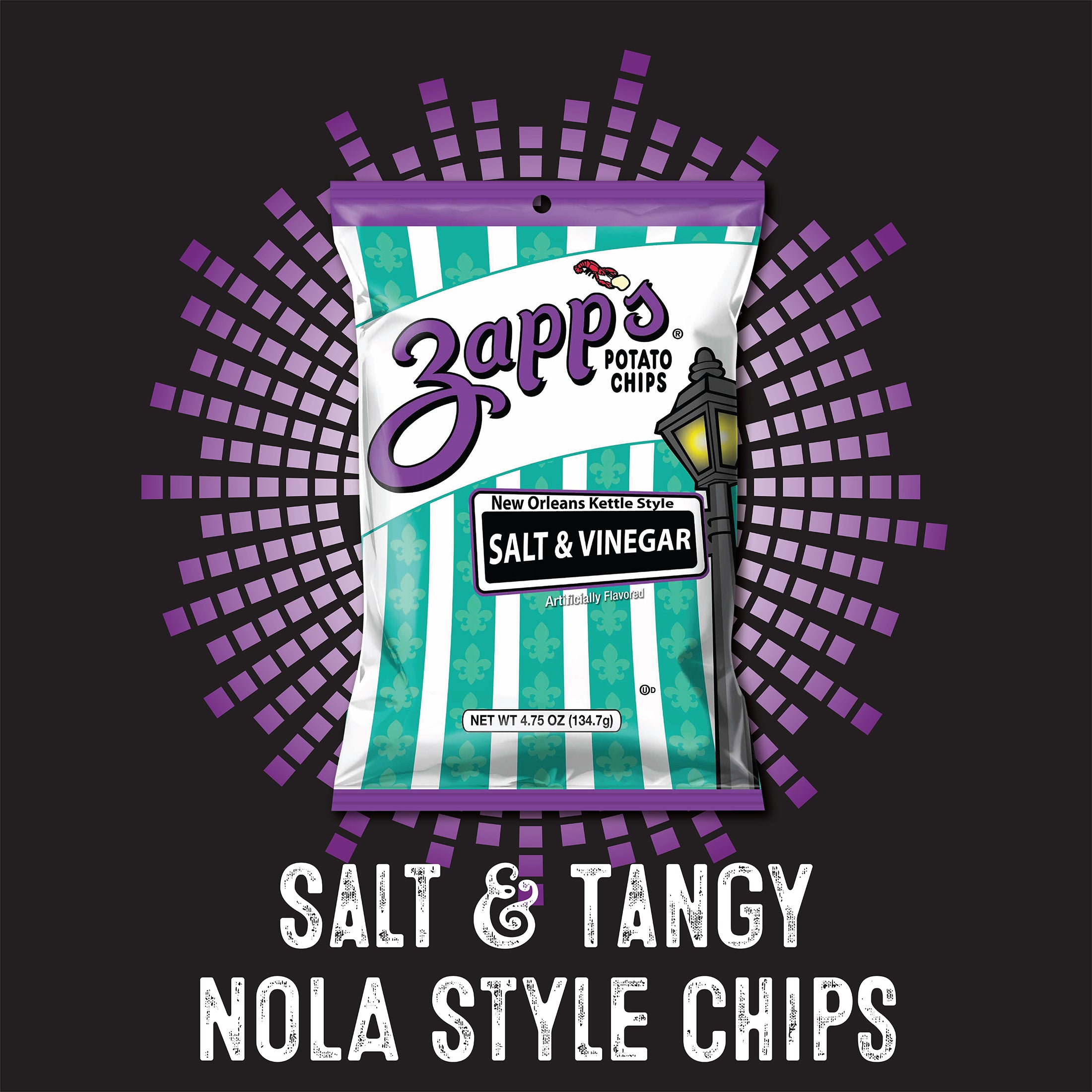 Zappos Salt & Vinegar potato chips packaging with decorative elements on a black background