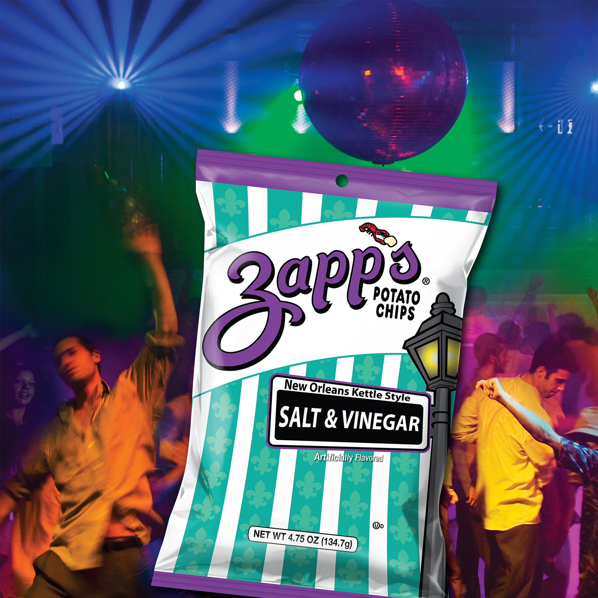 Zappo potato chips bag with a disco ball and partygoers in the background