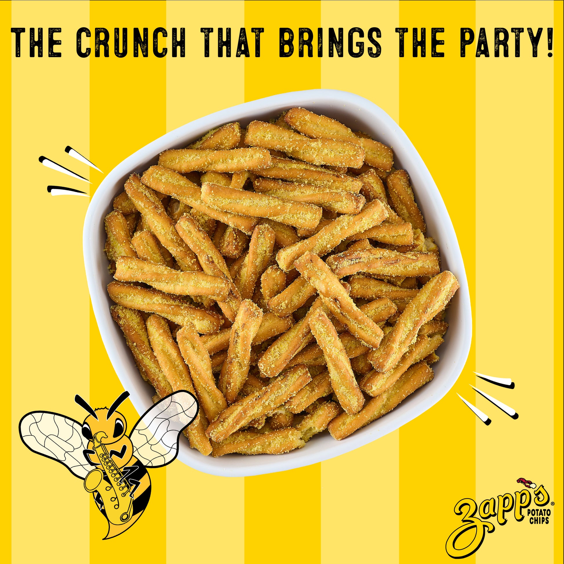 Bowl of Zapp’s Jazzy Honey Mustard Pretzel Stix on yellow background with bee illustration