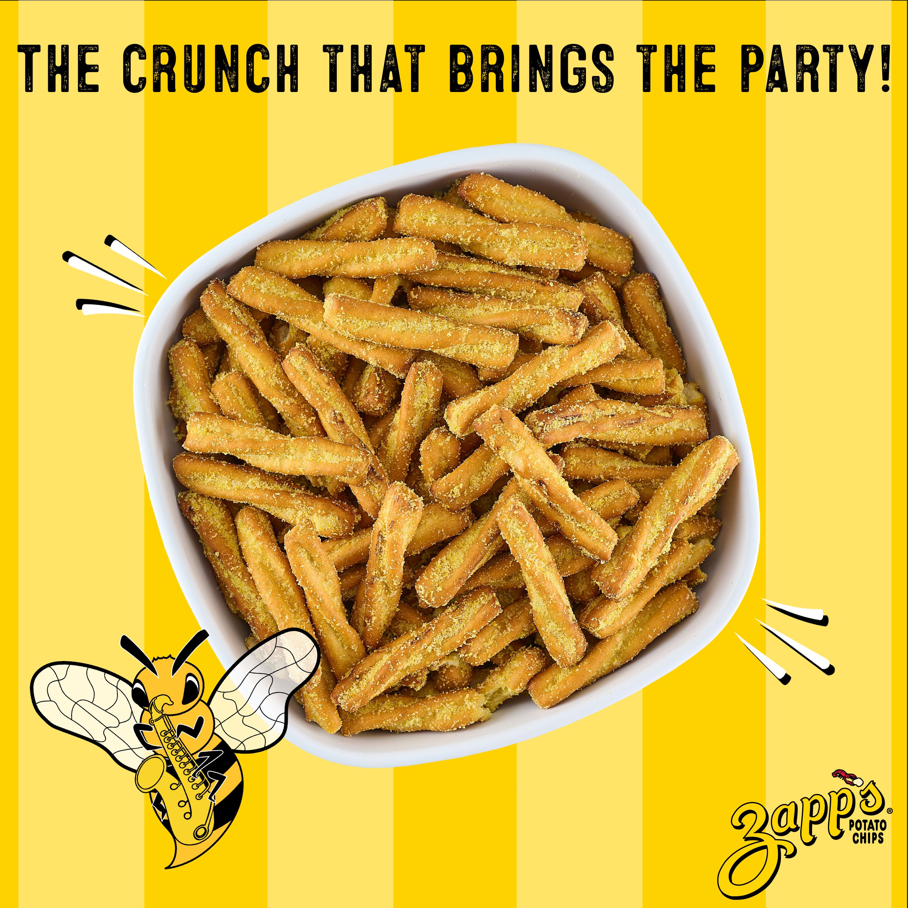 Bowl of Zapp’s Jazzy Honey Mustard Pretzel Stix on yellow background with bee illustration