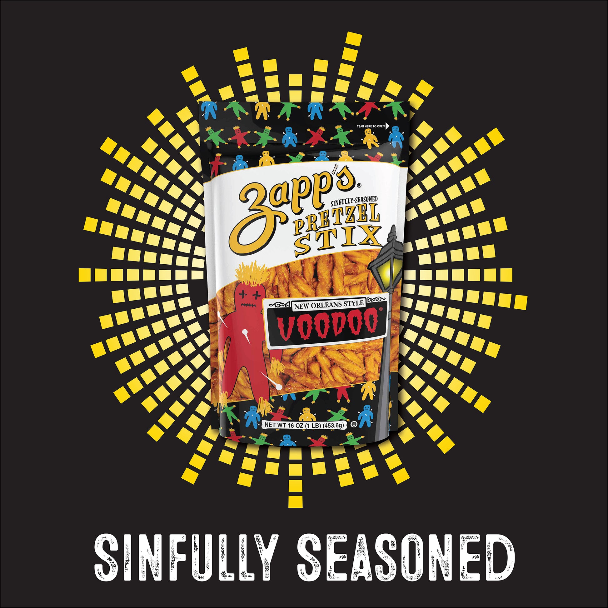 Zapp's Pretzel Stix packaging with colorful figures and 'VooDoo' text on a black background.
