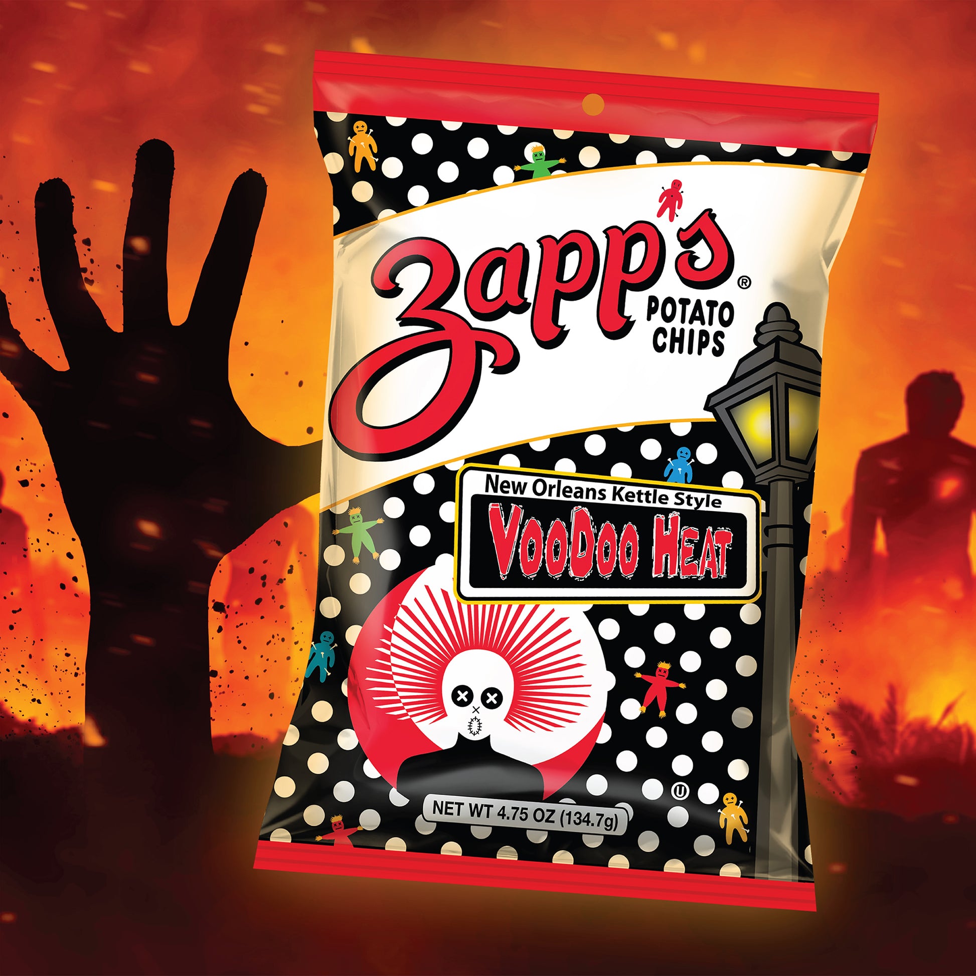 Zapp's VooDoo Heat potato chips packaging with a Halloween-themed background