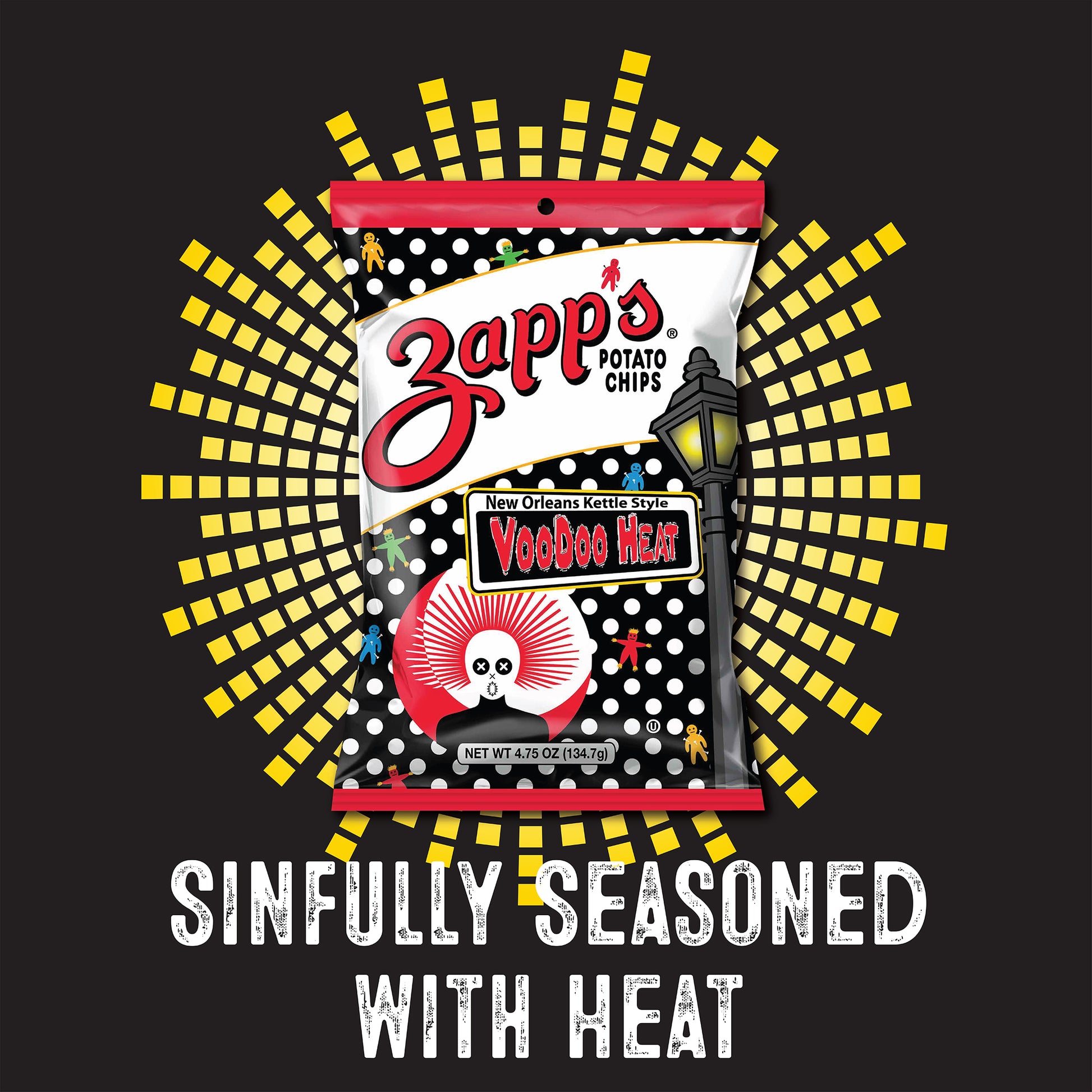 Zapp's VooDoo Heat potato chips packaging with decorative elements on a black background