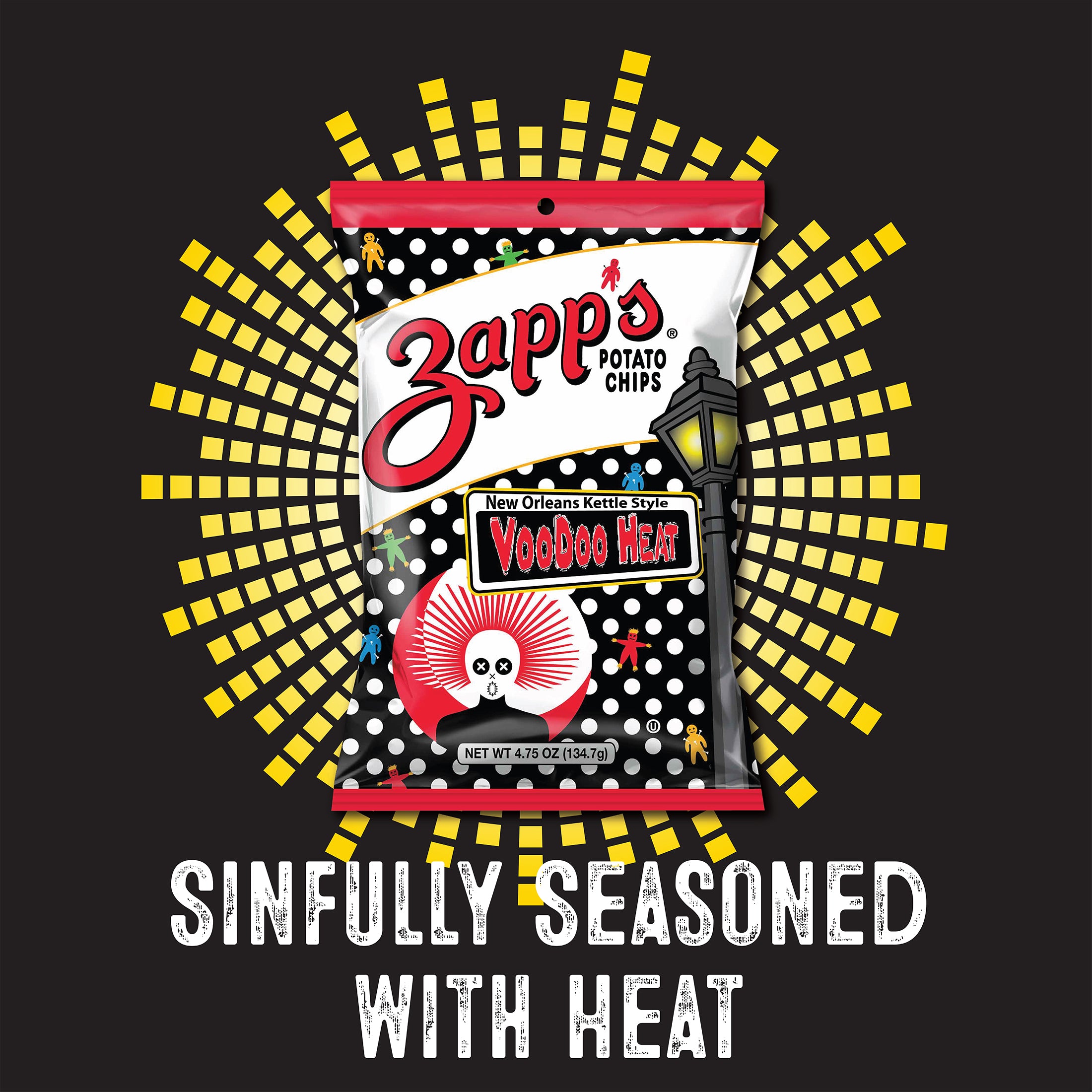 Zapp's VooDoo Heat potato chips packaging with decorative elements on a black background