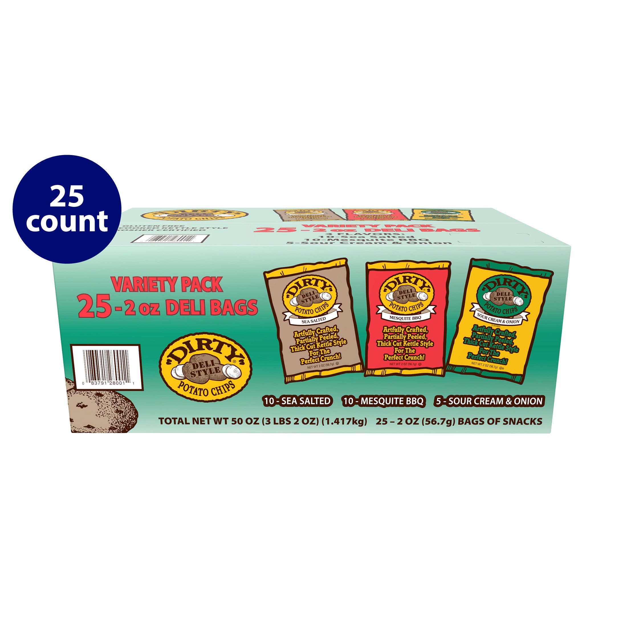 Box of Dirty Potato Chips variety pack with 25 count label on a white background