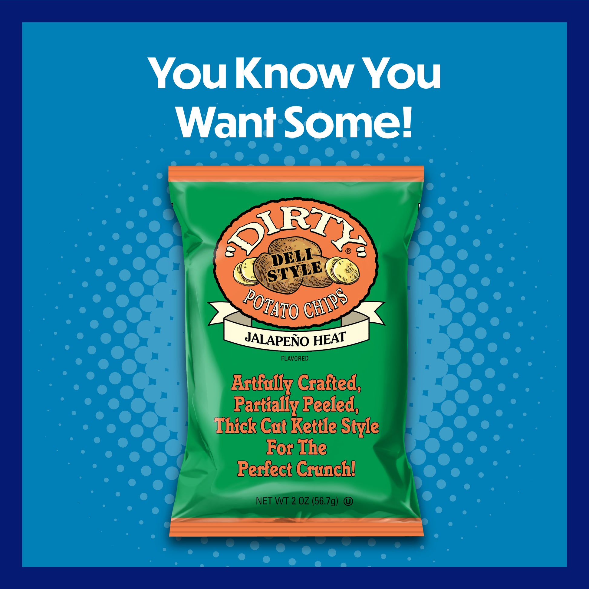 Green bag of Dirty Style potato chips with text on a blue background