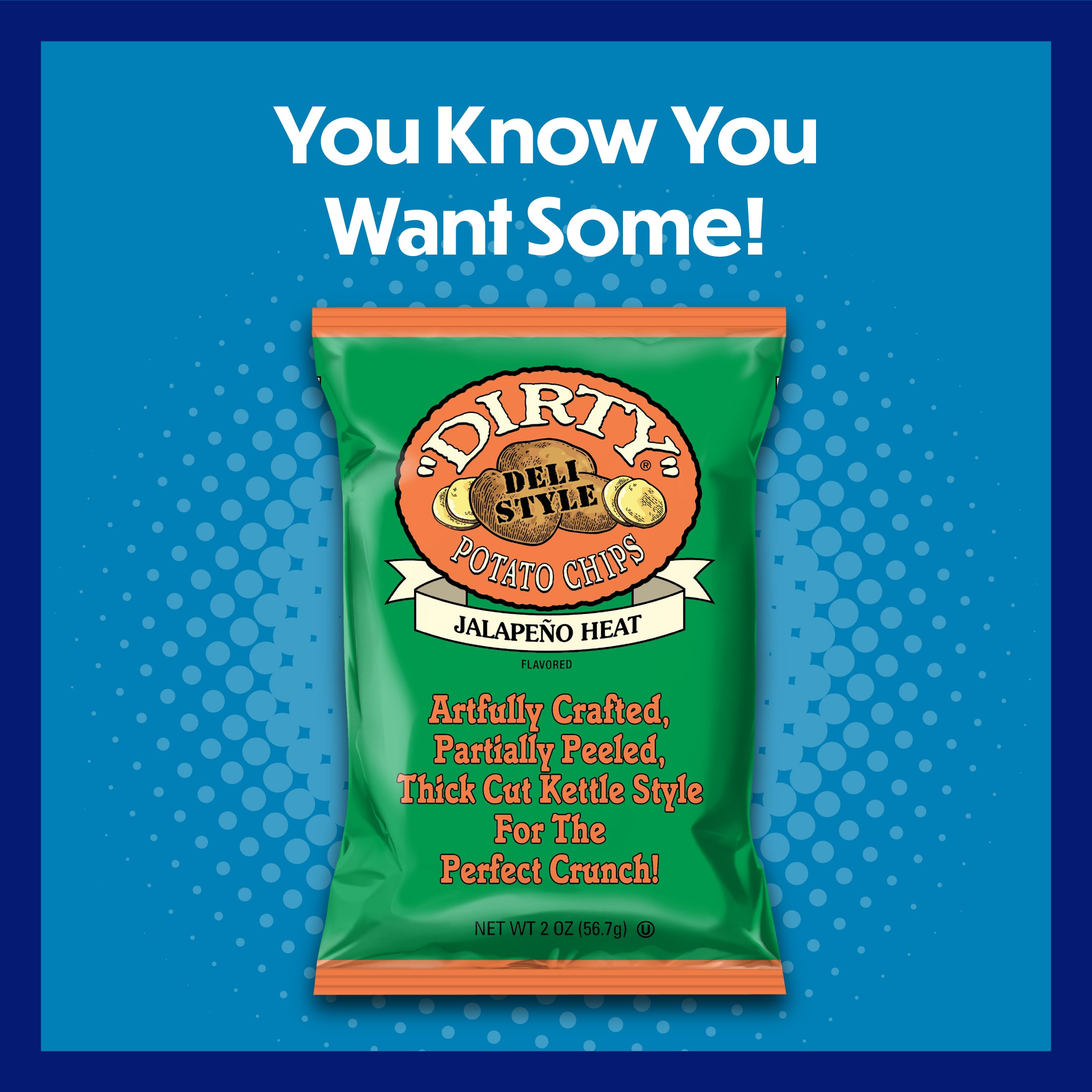 Green bag of Dirty Style potato chips with text on a blue background