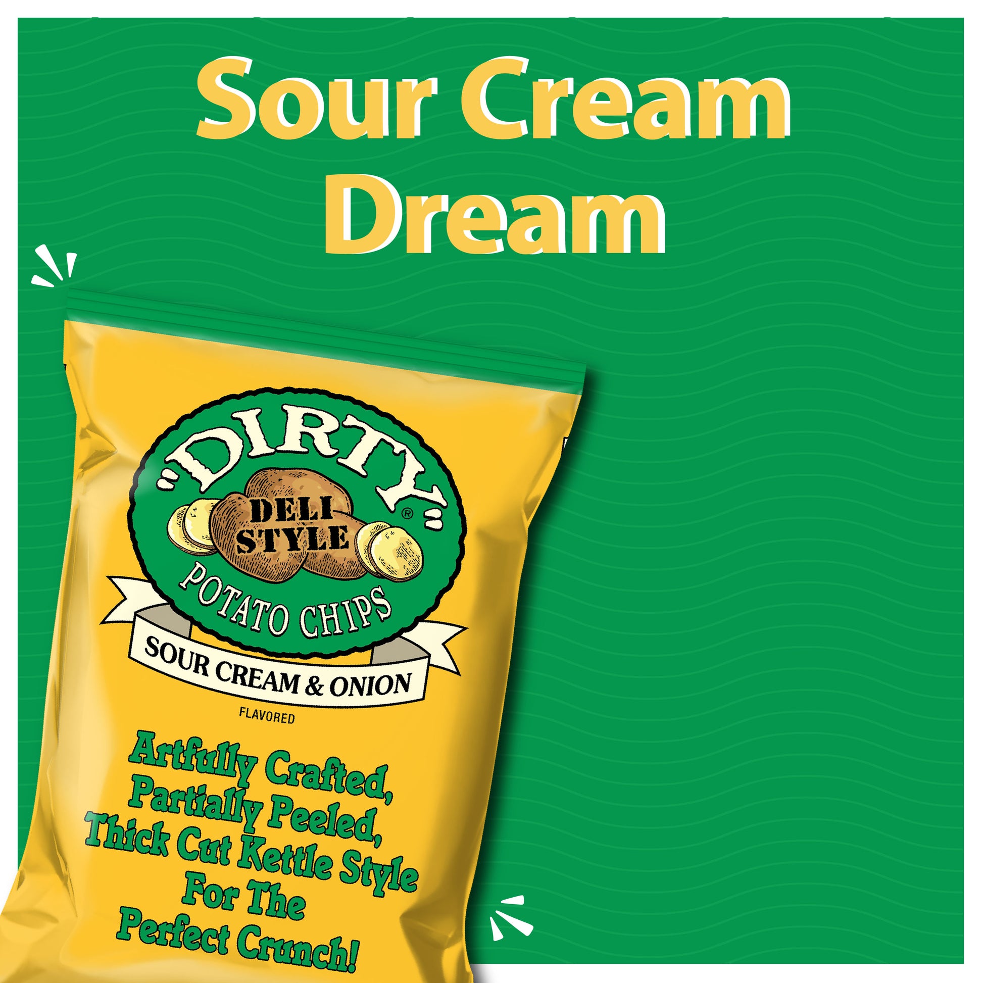 Yellow bag of Dirty Potato Chips with green background and text