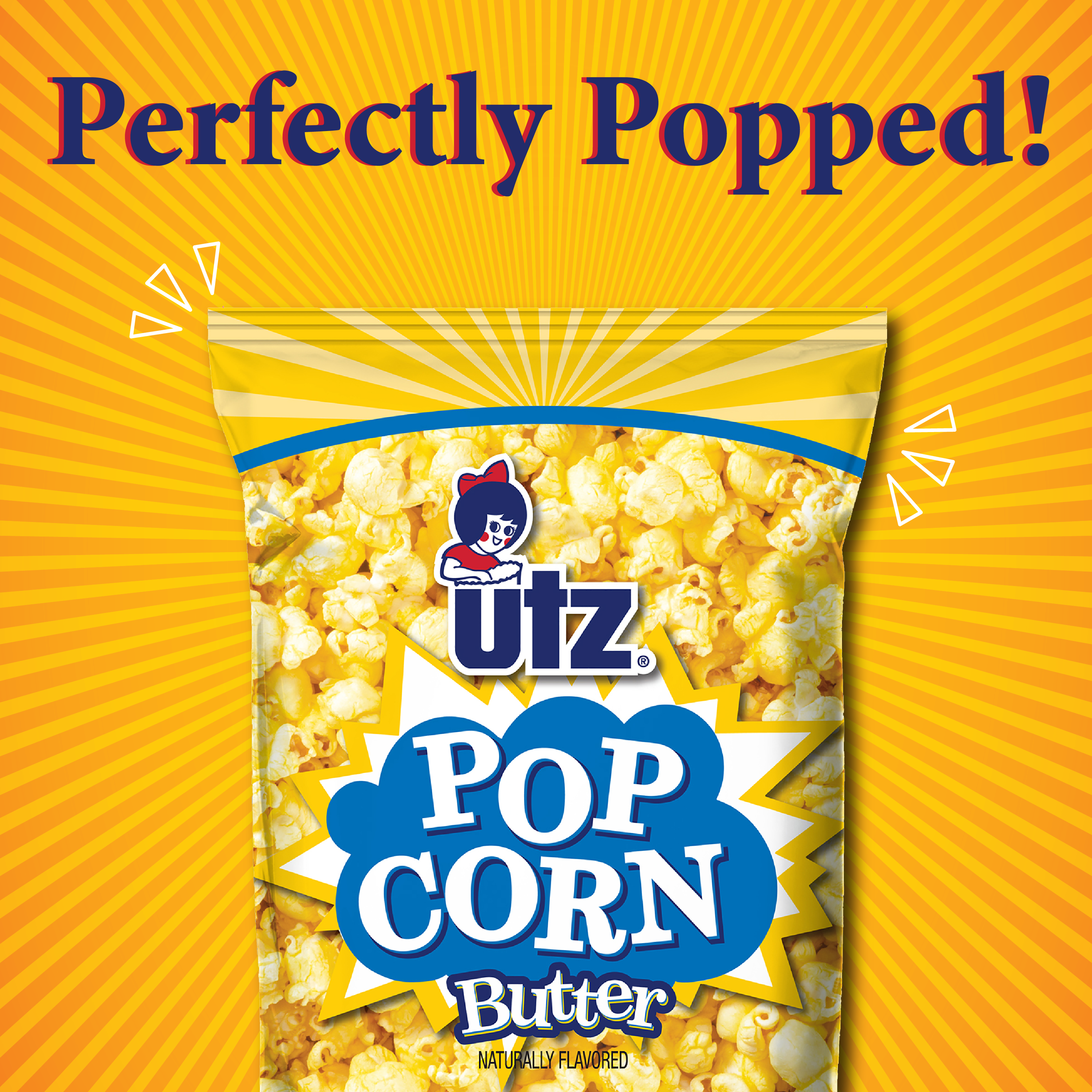 Utz Pop Corn Butter package on a yellow background with 'Perfectly Popped!' text